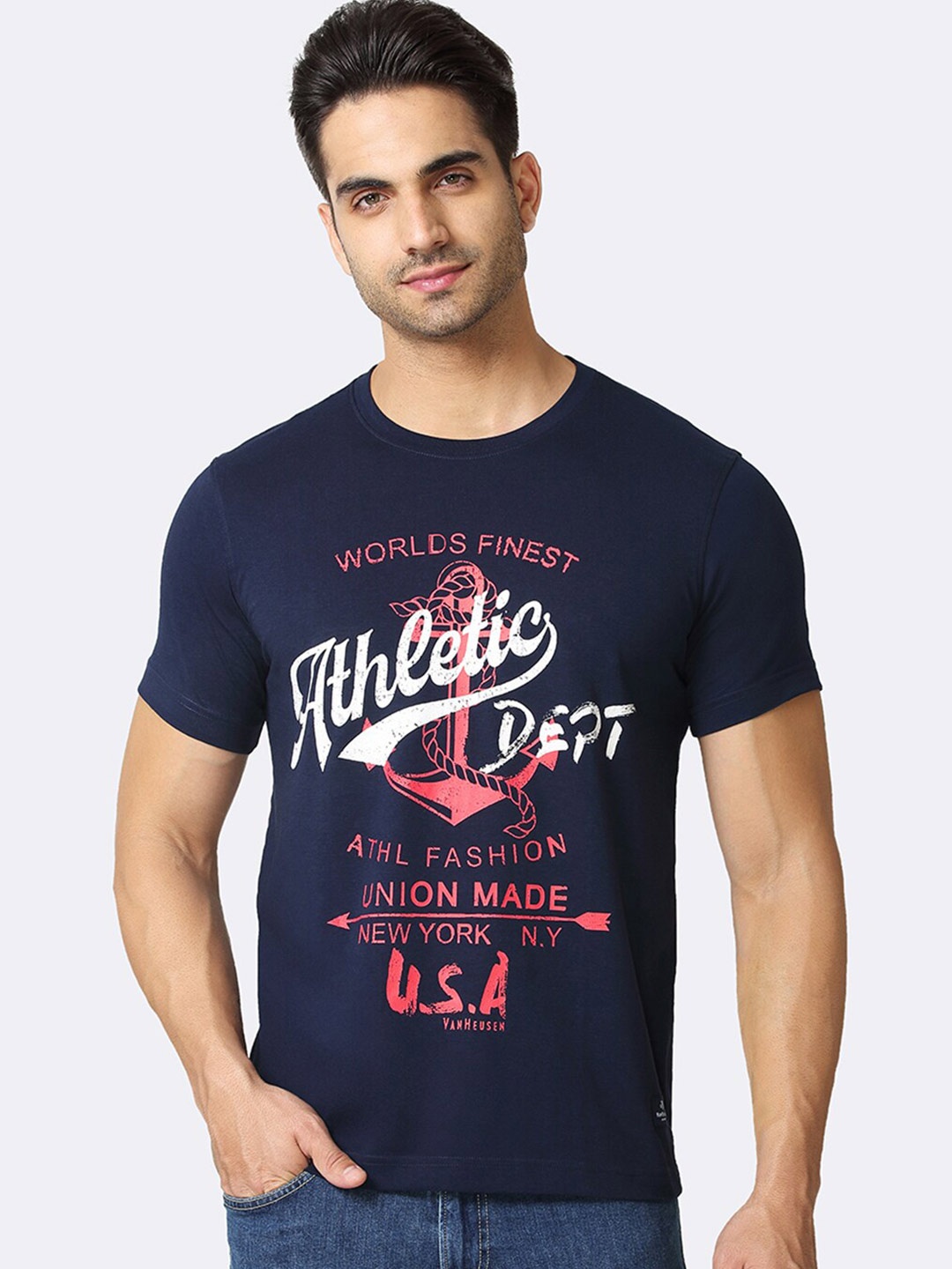 

Van Heusen Typography Printed Slim Fit Cotton T-shirt, Navy blue