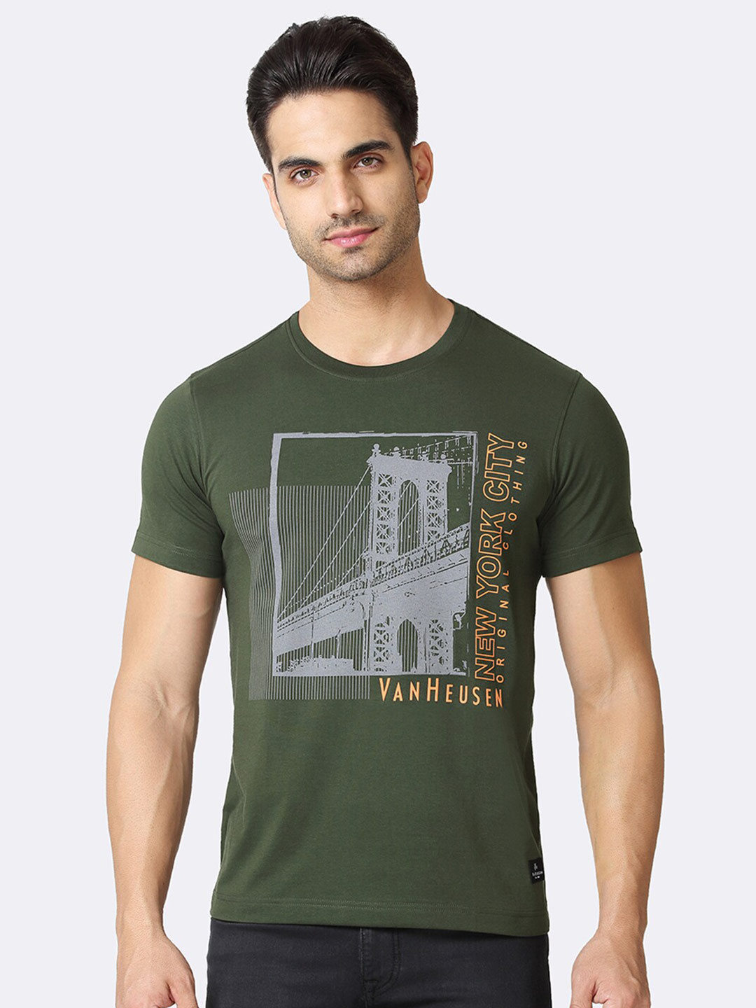 

Van Heusen Typography Printed Slim Fit Cotton T-shirt, Olive