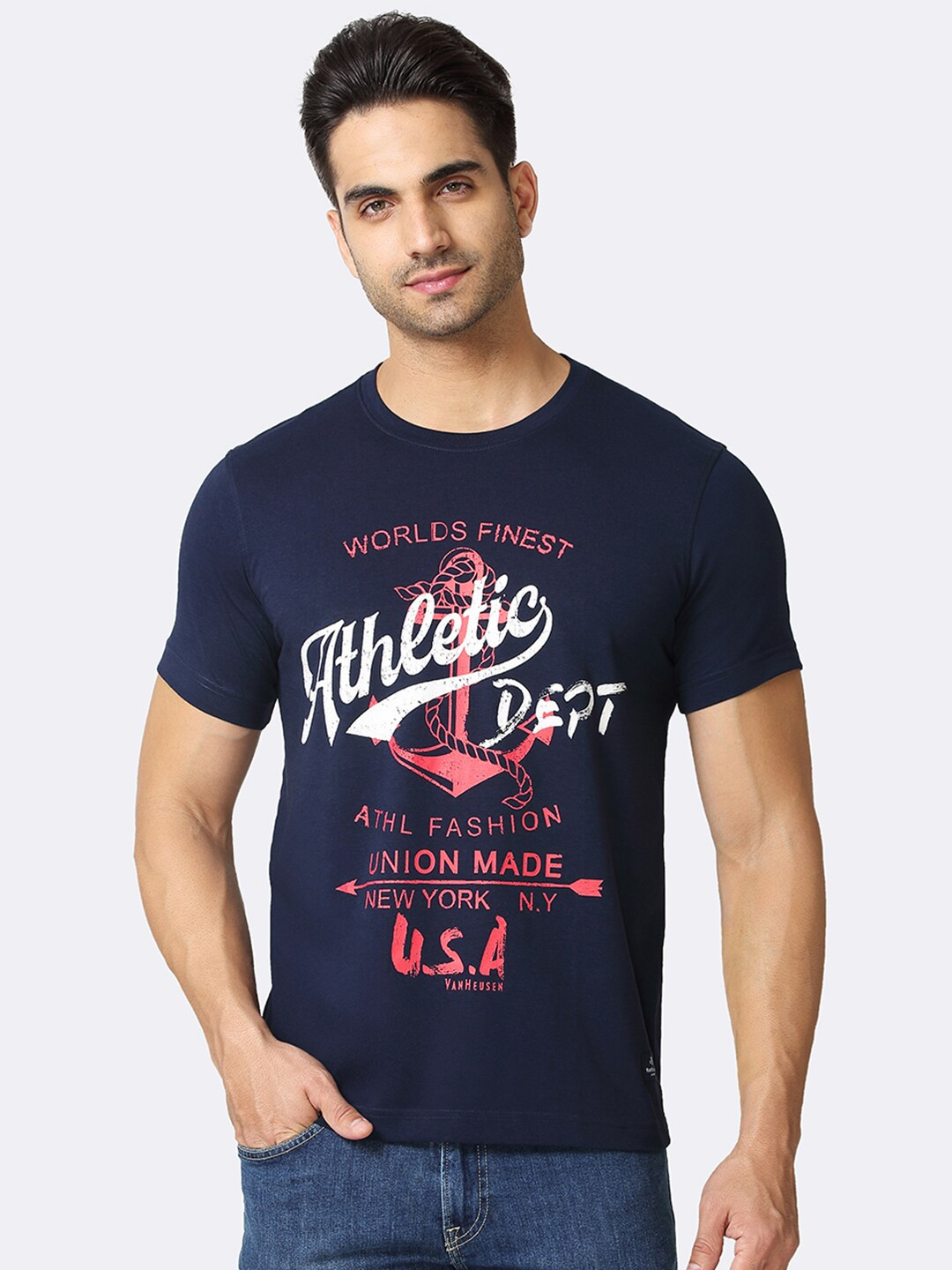 

Van Heusen Typography Printed Slim Fit Cotton T-shirt, Navy blue