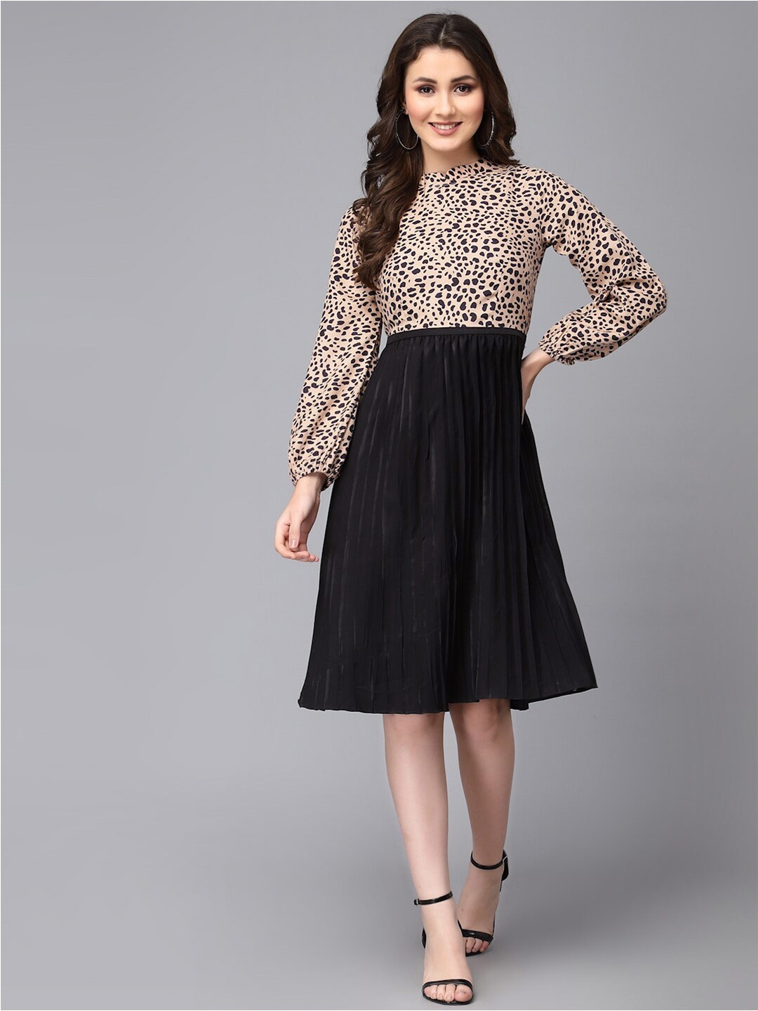 

Selvia Animal Printed Accordion Pleats Crepe Fit & Flare Dress, Beige
