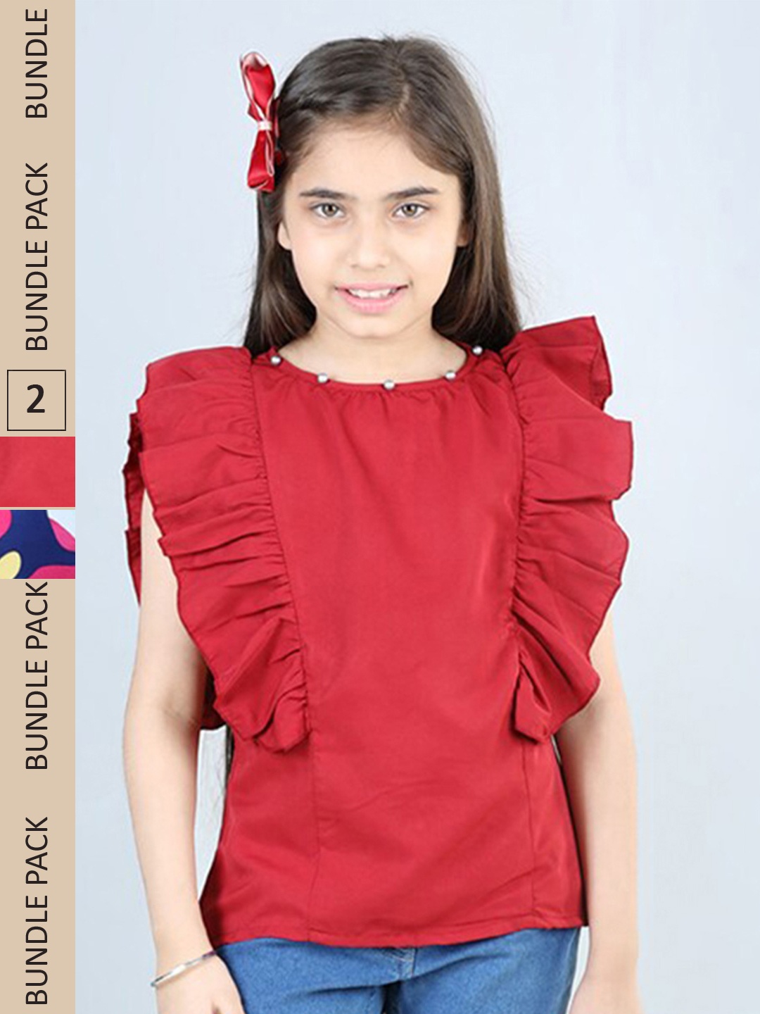 

Cutiekins Girls Pack Of 2 Abstract Printed Puff Sleeves Cut Out Tie-Ups Tops, Red