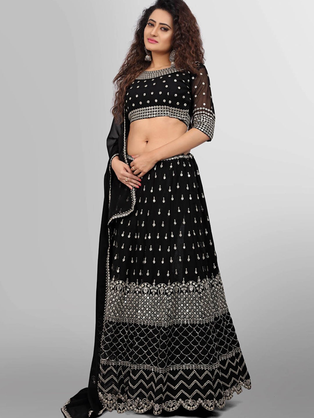 

ODETTE Black & Silver-Toned Embellished Semi-Stitched Lehenga & Unstitched Blouse With Dupatta