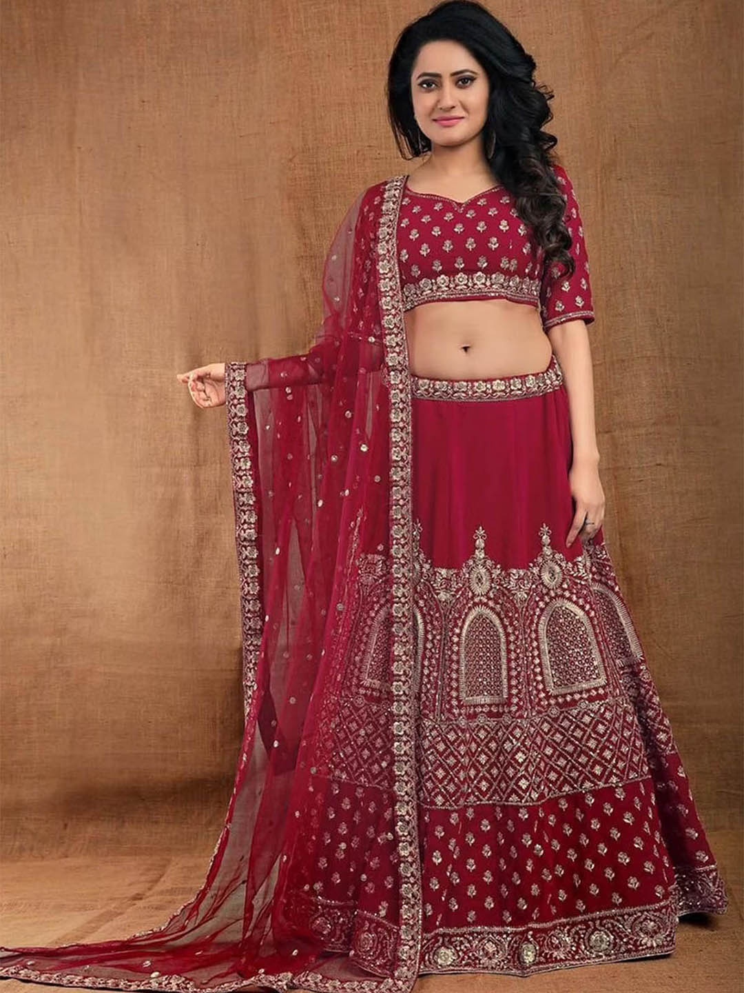 

ODETTE Embellished Thread Work Semi-Stitched Lehenga & Unstitched Blouse With Dupatta, Red