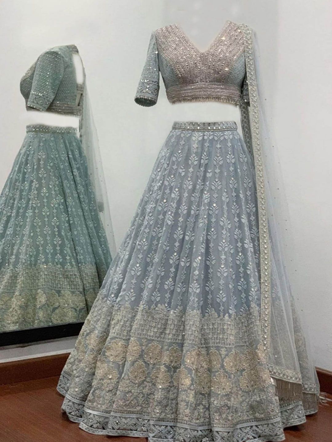 

ODETTE Grey & Gold-Toned Embroidered Semi-Stitched Lehenga & Unstitched Blouse With Dupatta