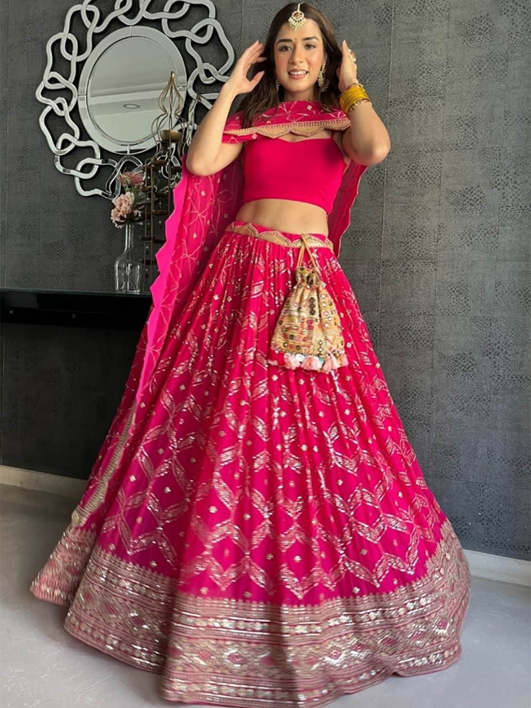 

ODETTE Pink & Gold-Toned Embellished Semi-Stitched Lehenga & Unstitched Blouse With Dupatta