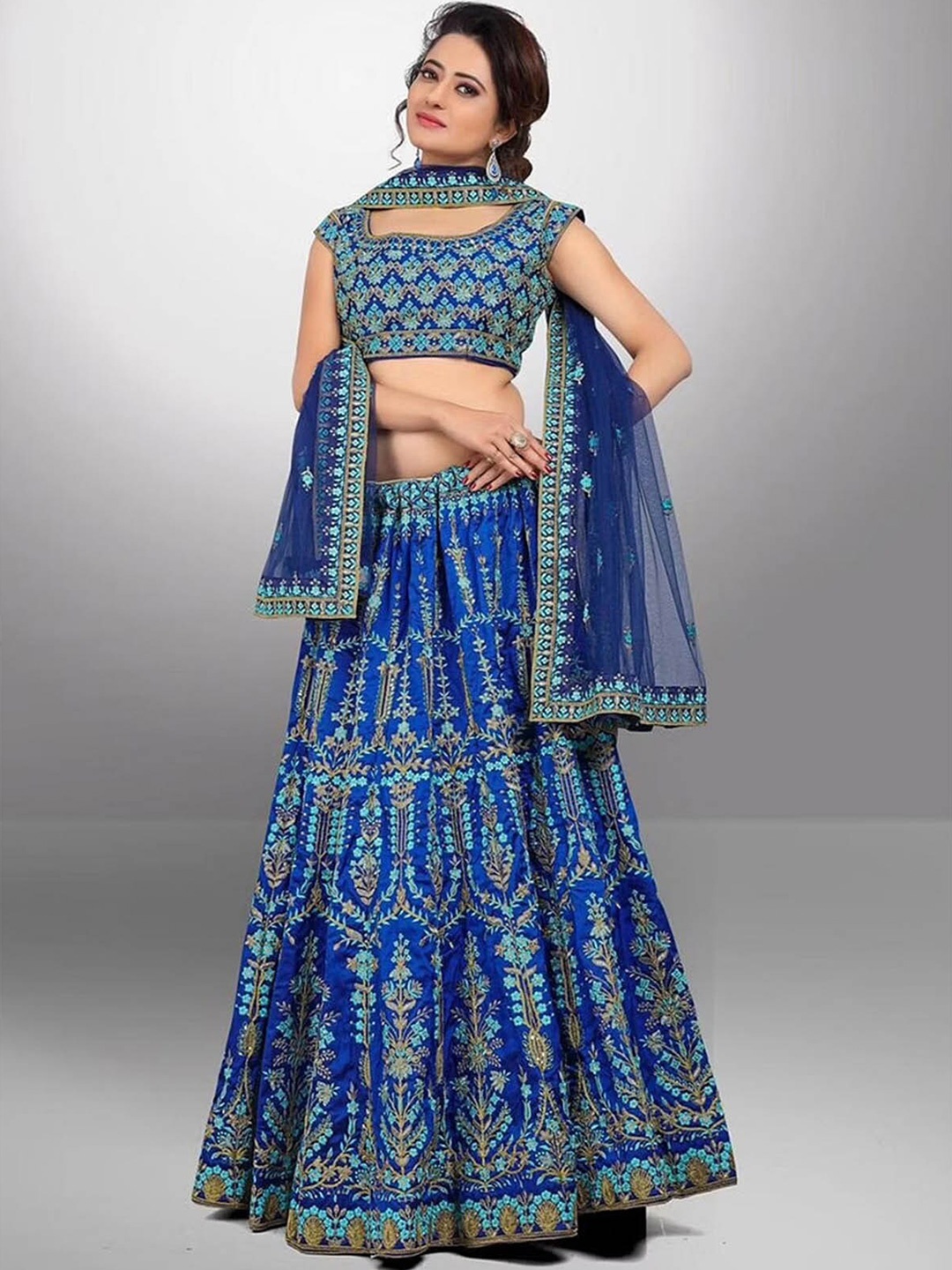 

ODETTE Navy Blue Embellished Semi-Stitched Lehenga & Unstitched Blouse With Dupatta