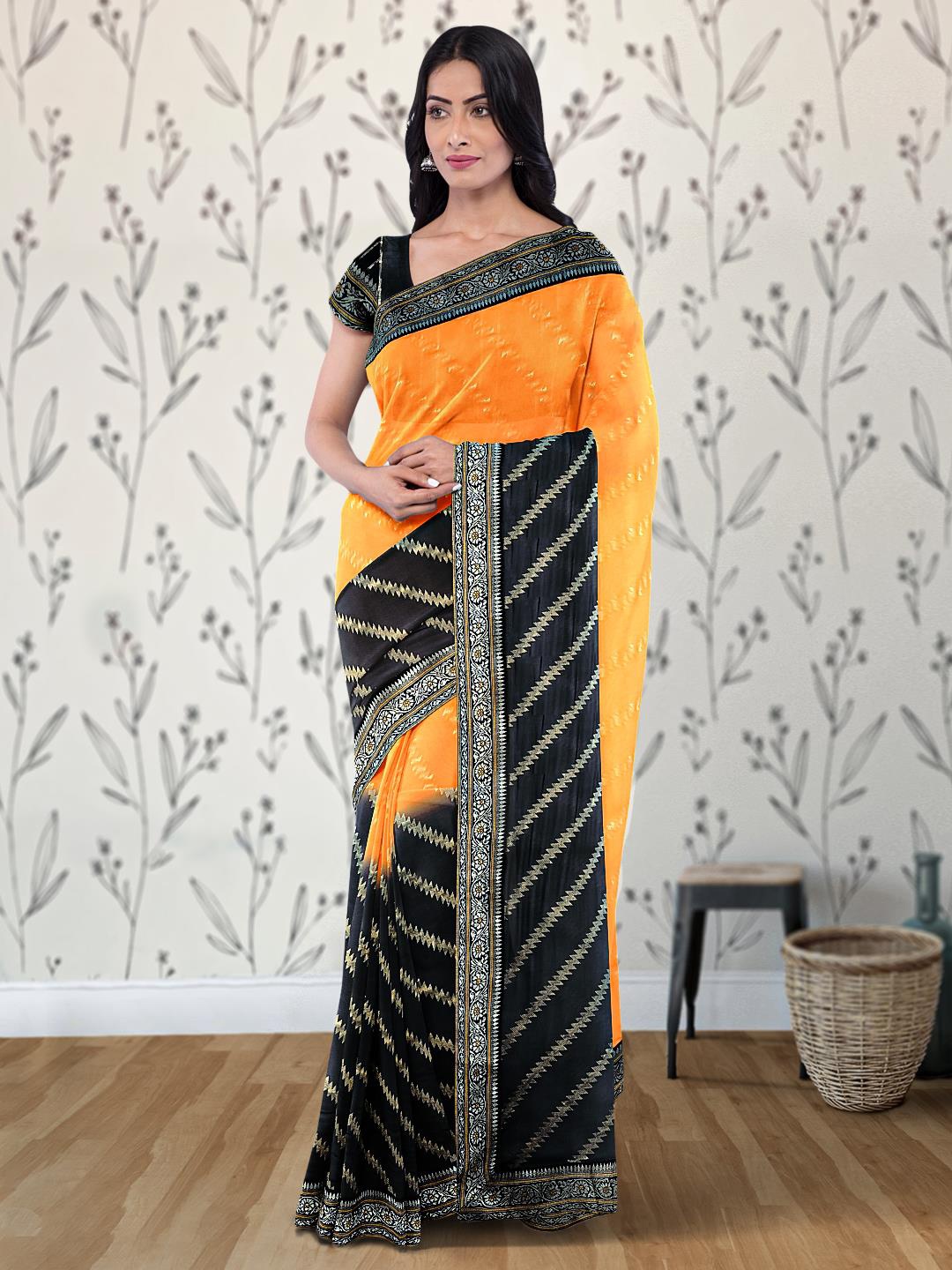 

Kalamandir Leheriya Printed Zari Poly Georgette Saree, Orange