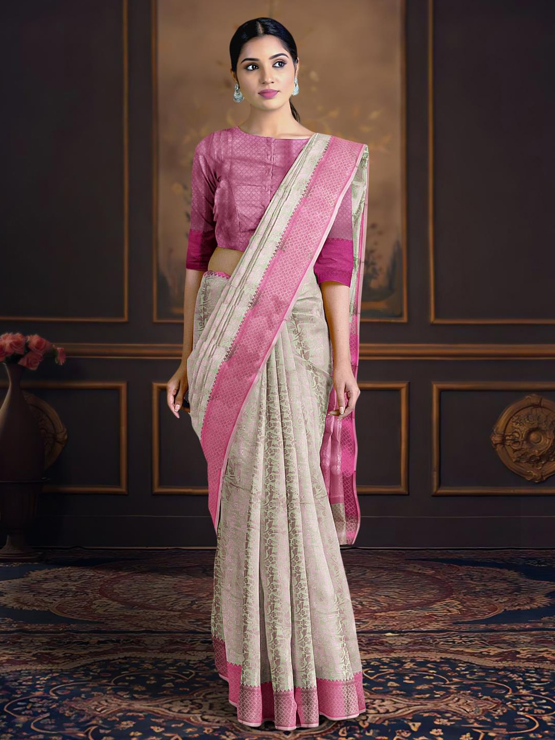 

Kalamandir Floral Woven Design Zari Saree, Cream