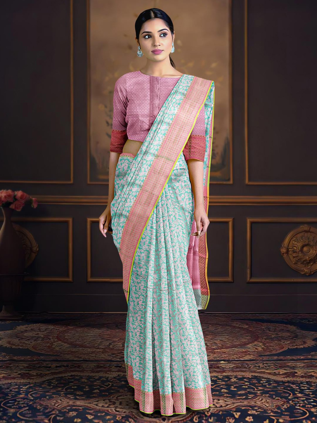 

Kalamandir Floral Woven Design Zari Saree, Sea green