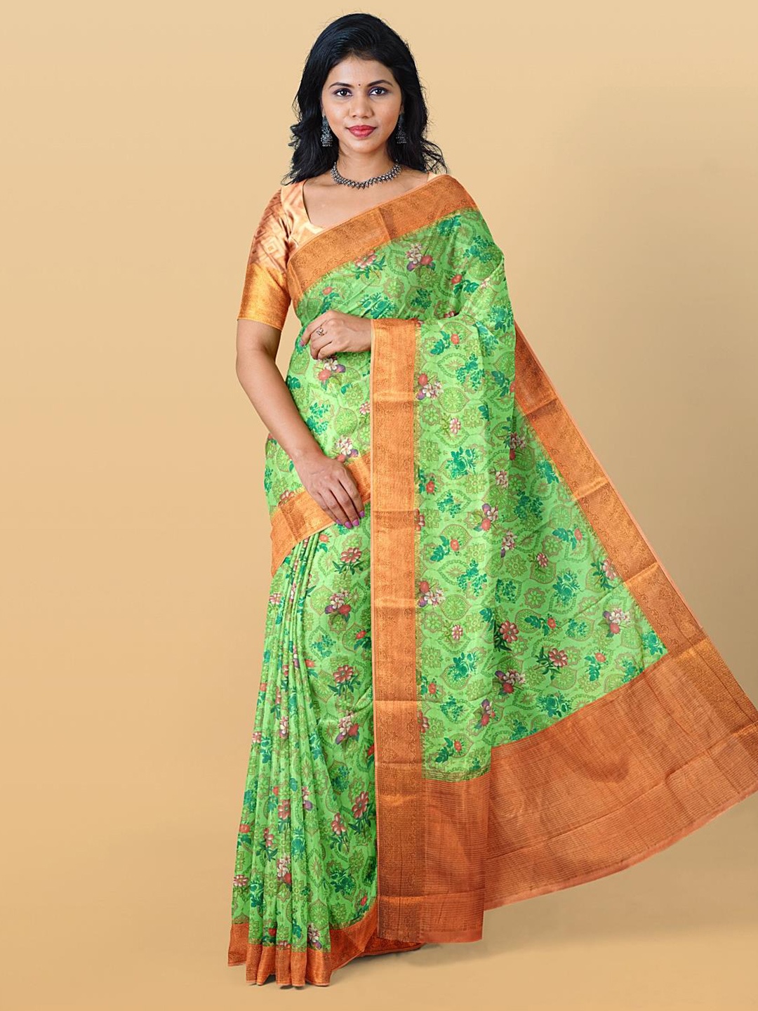 

Kalamandir Floral Silk Blend Zari Saree With Blouse Piece, Olive