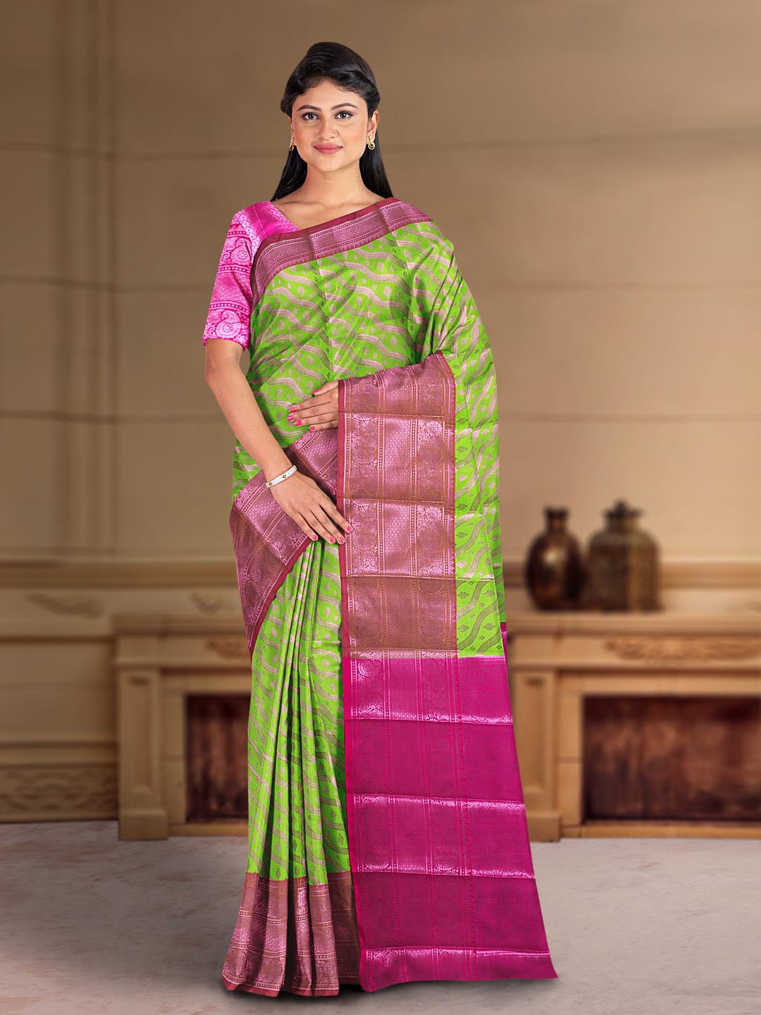 

Kalamandir Woven Design Zari Silk Blend Kuppadam Saree, Lime green