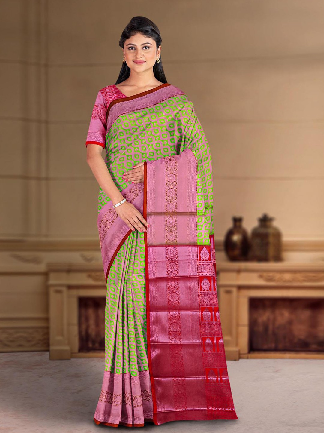 

Kalamandir Ethnic Motifs Woven Design Zari Saree, Lime green