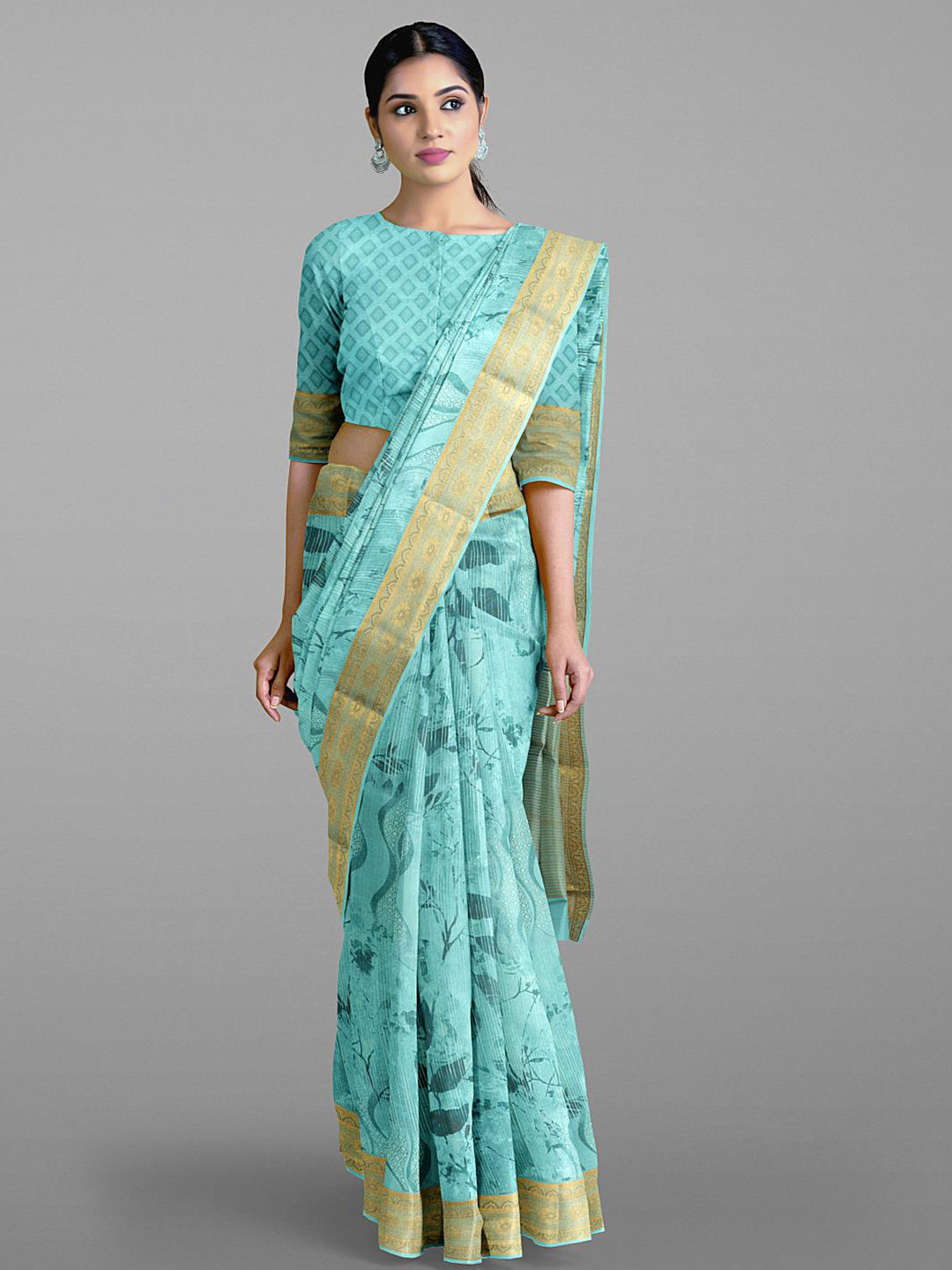 

Kalamandir Floral Printed Zari Saree, Blue