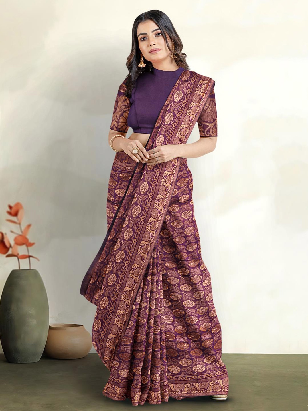 

Kalamandir Floral Woven Silk Blend Zari Saree With Blouse Piece, Purple