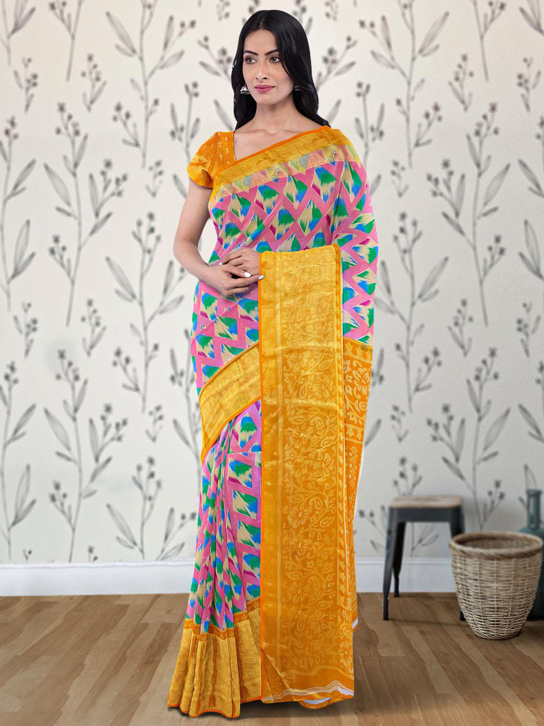 

Kalamandir Geometric Printed Zari Saree, Pink