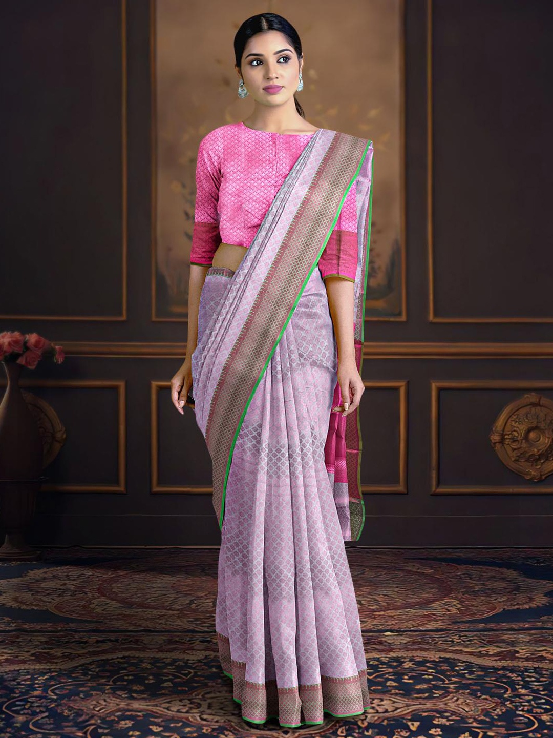 

Kalamandir Ethnic Motif Silk Blend Zari Saree With Blouse Piece, Grey