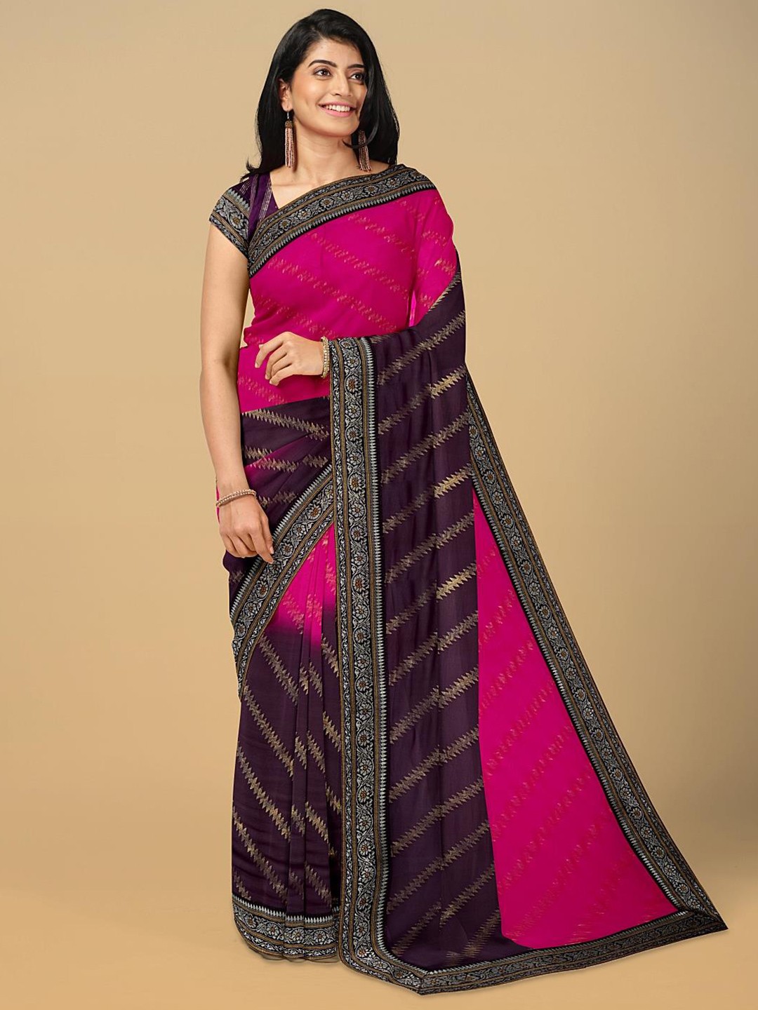 

Kalamandir Striped Poly Georgette Zari Saree With Woven Border, Pink