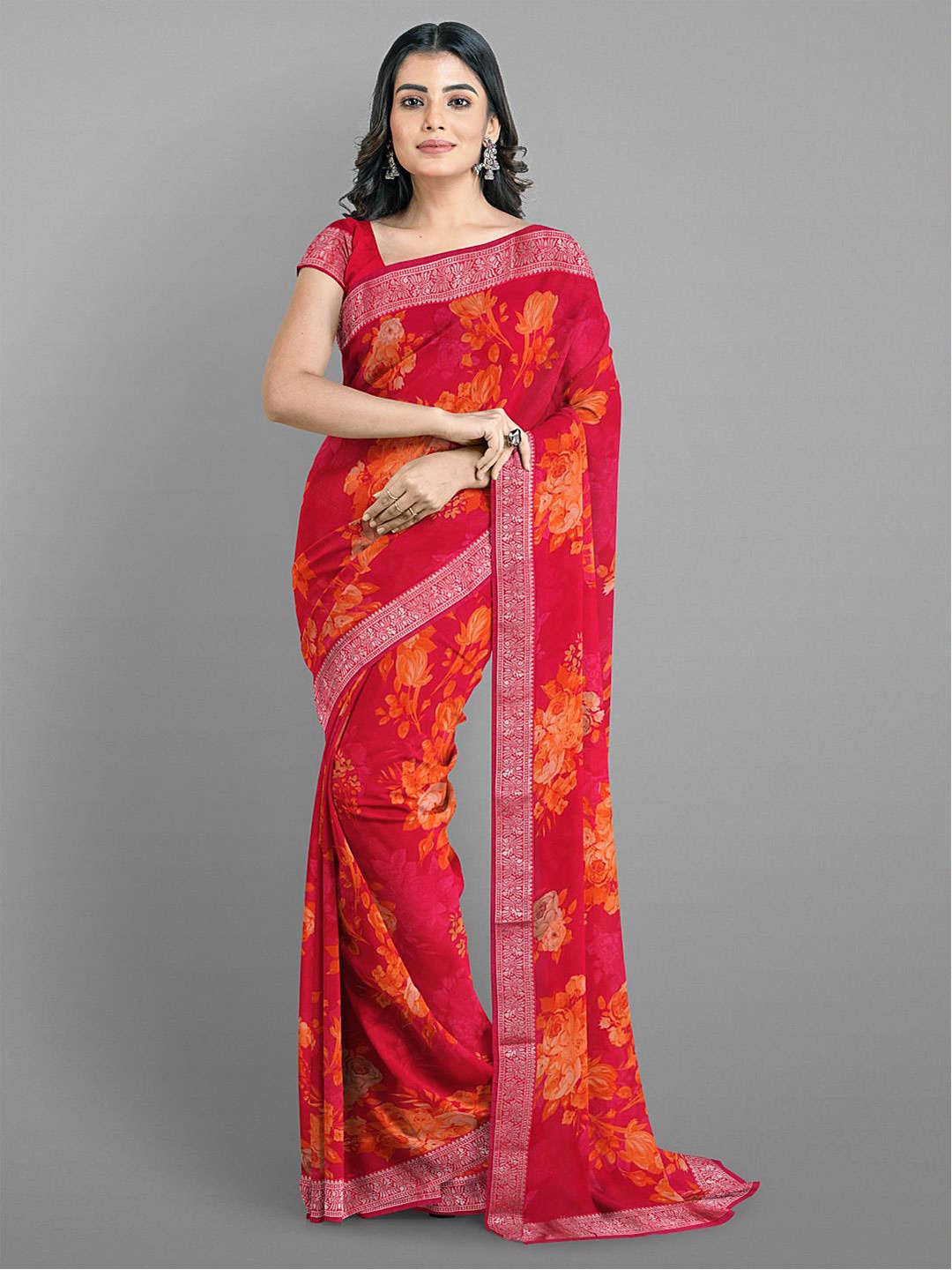 

Kalamandir Floral Print Poly Georgette Zari Saree With Woven Border, Pink