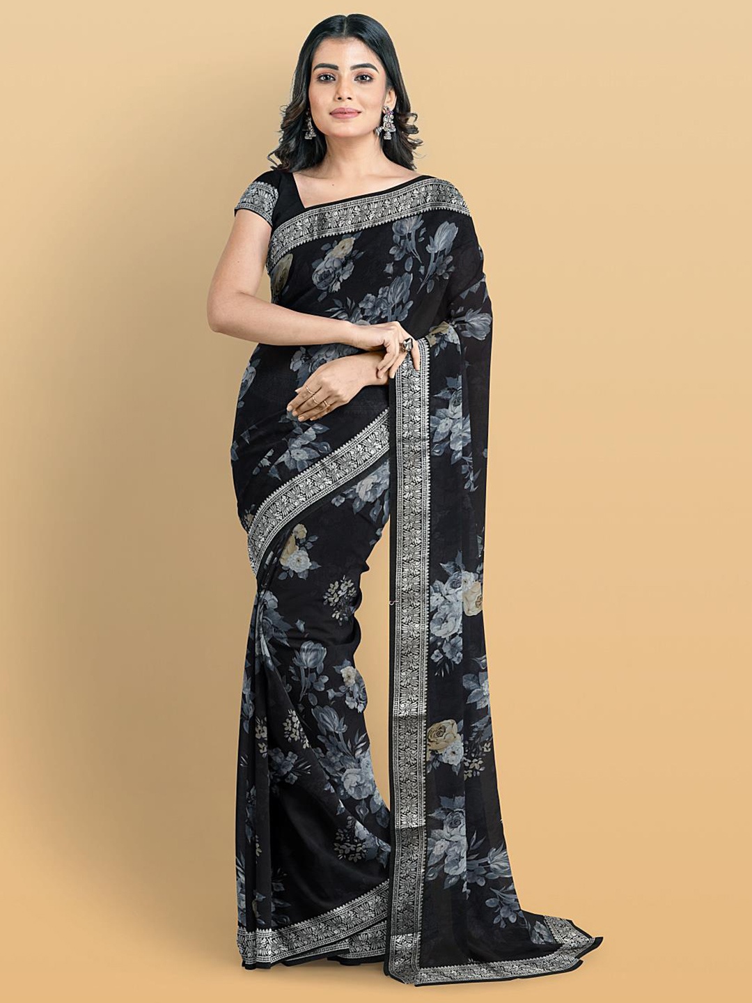 

Kalamandir Floral Printed Zari Saree, Black
