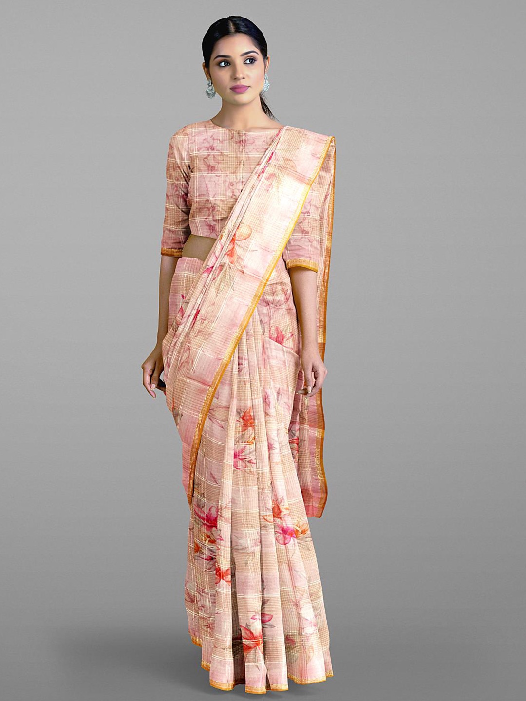 

Kalamandir Floral Printed Zari Jute Cotton Saree, Pink