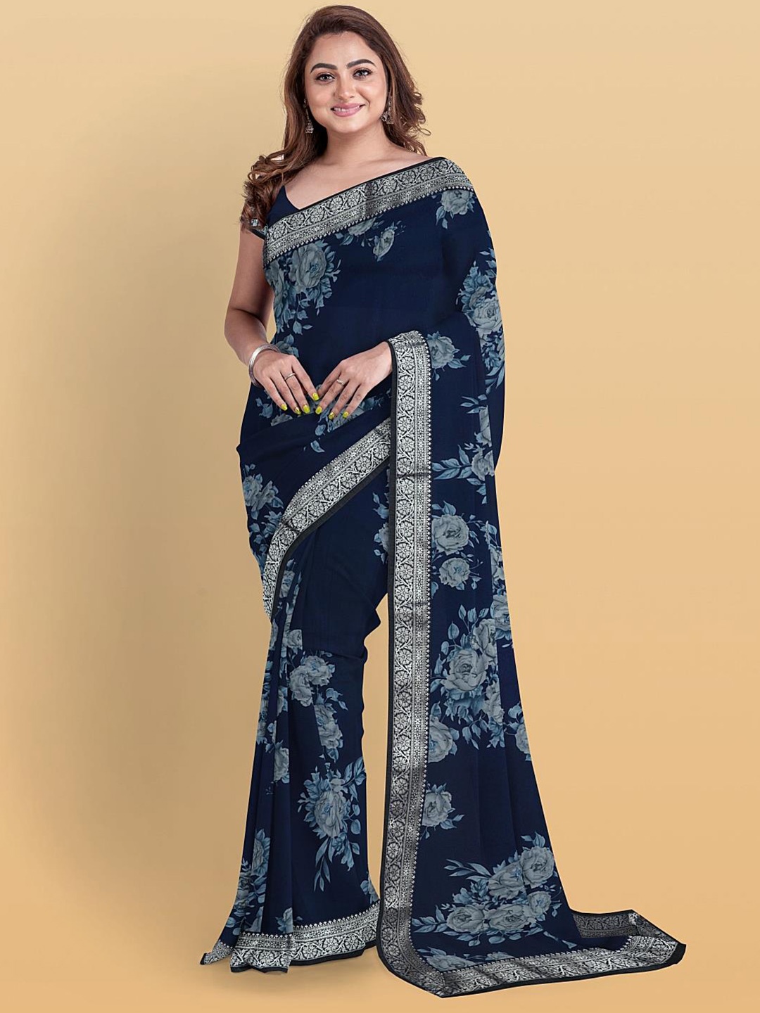 

Kalamandir Floral Printed Zari Saree, Navy blue