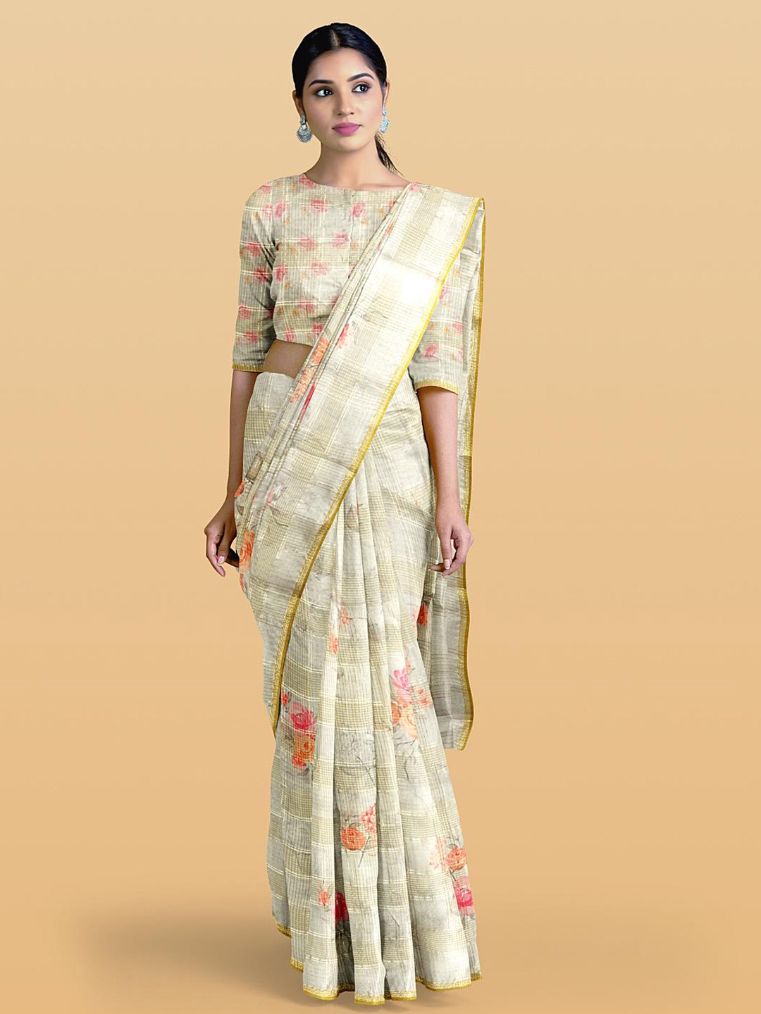 

Kalamandir Floral Printed Zari Jute Cotton Saree, Grey