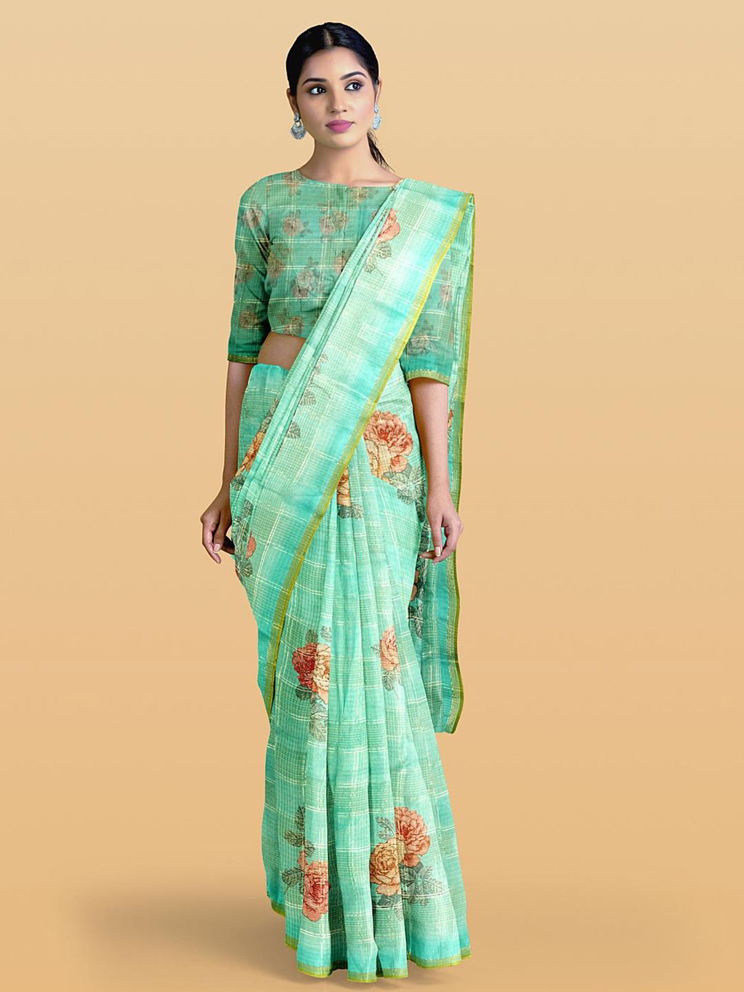 

Kalamandir BFloral Printed Zari Jute Cotton Saree, Sea green