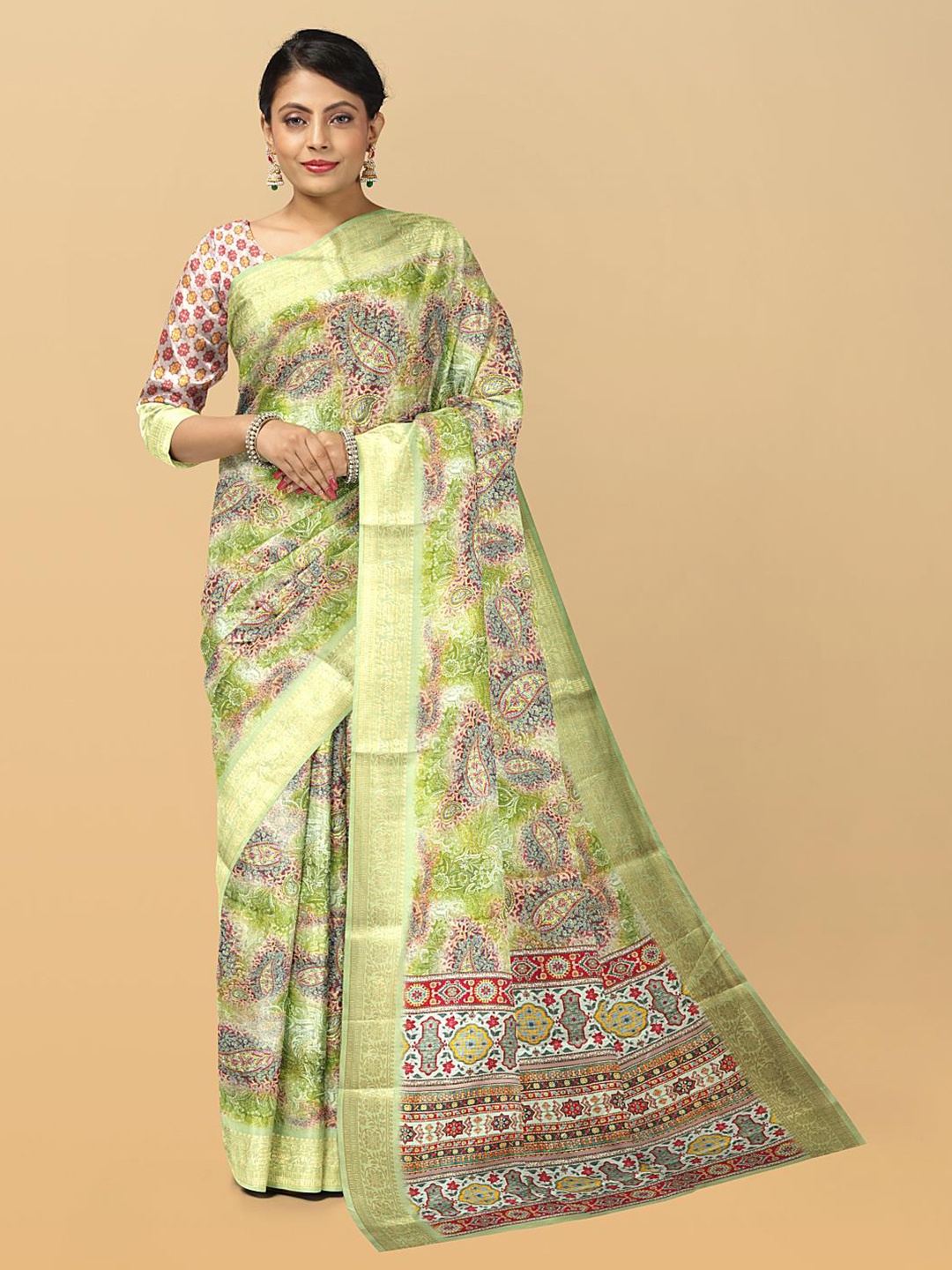 

Kalamandir Ethnic Motifs Zari Tissue Saree, Olive