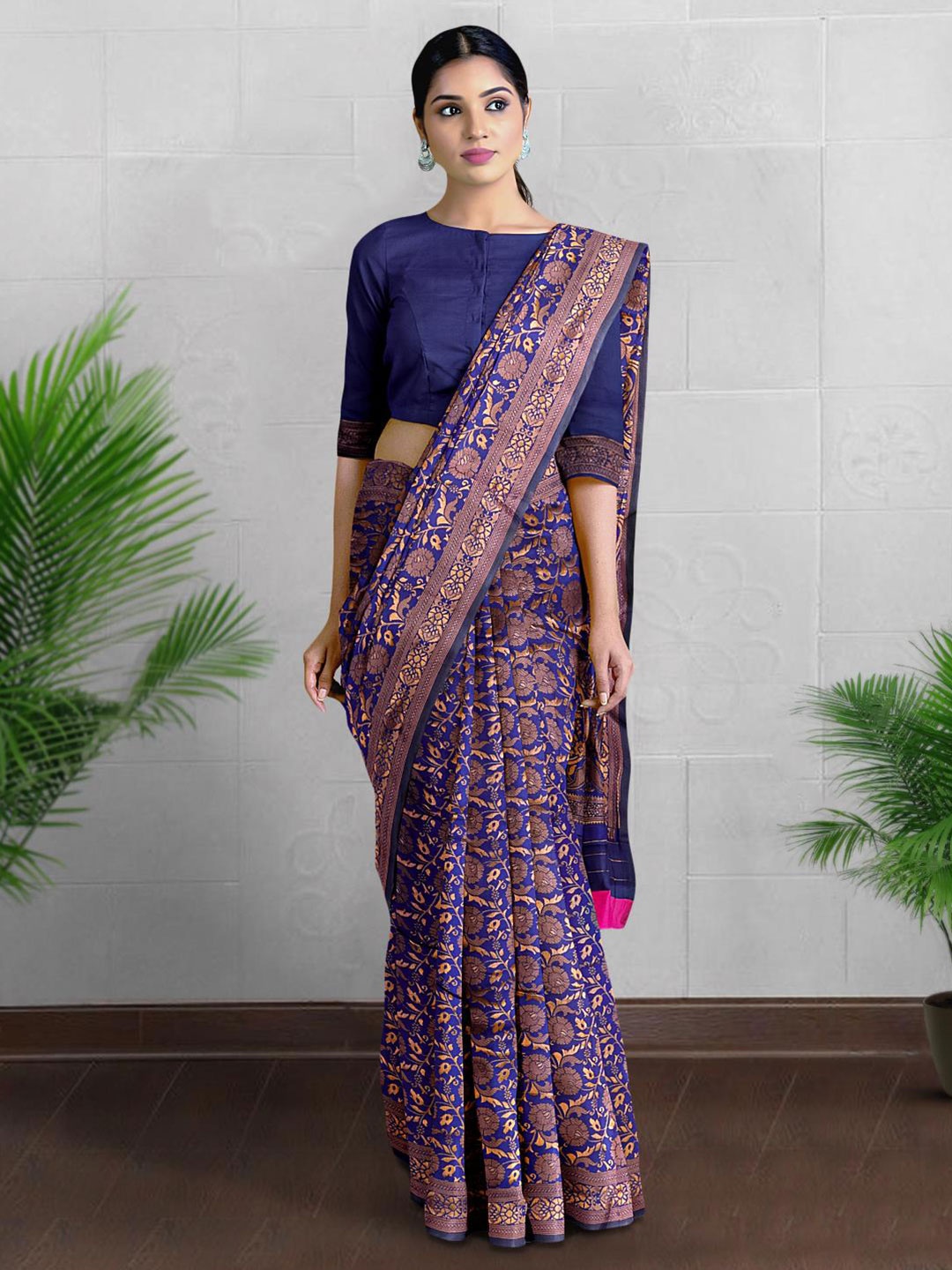 

Kalamandir Floral Woven Design Zari Silk Blend Saree, Navy blue