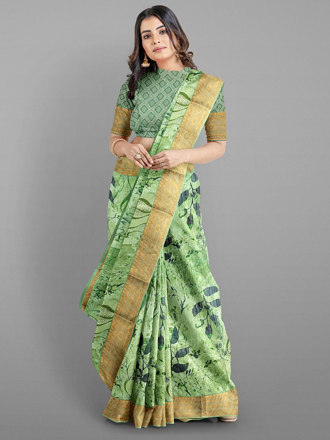 

Kalamandir Floral Printed Zari Saree, Green
