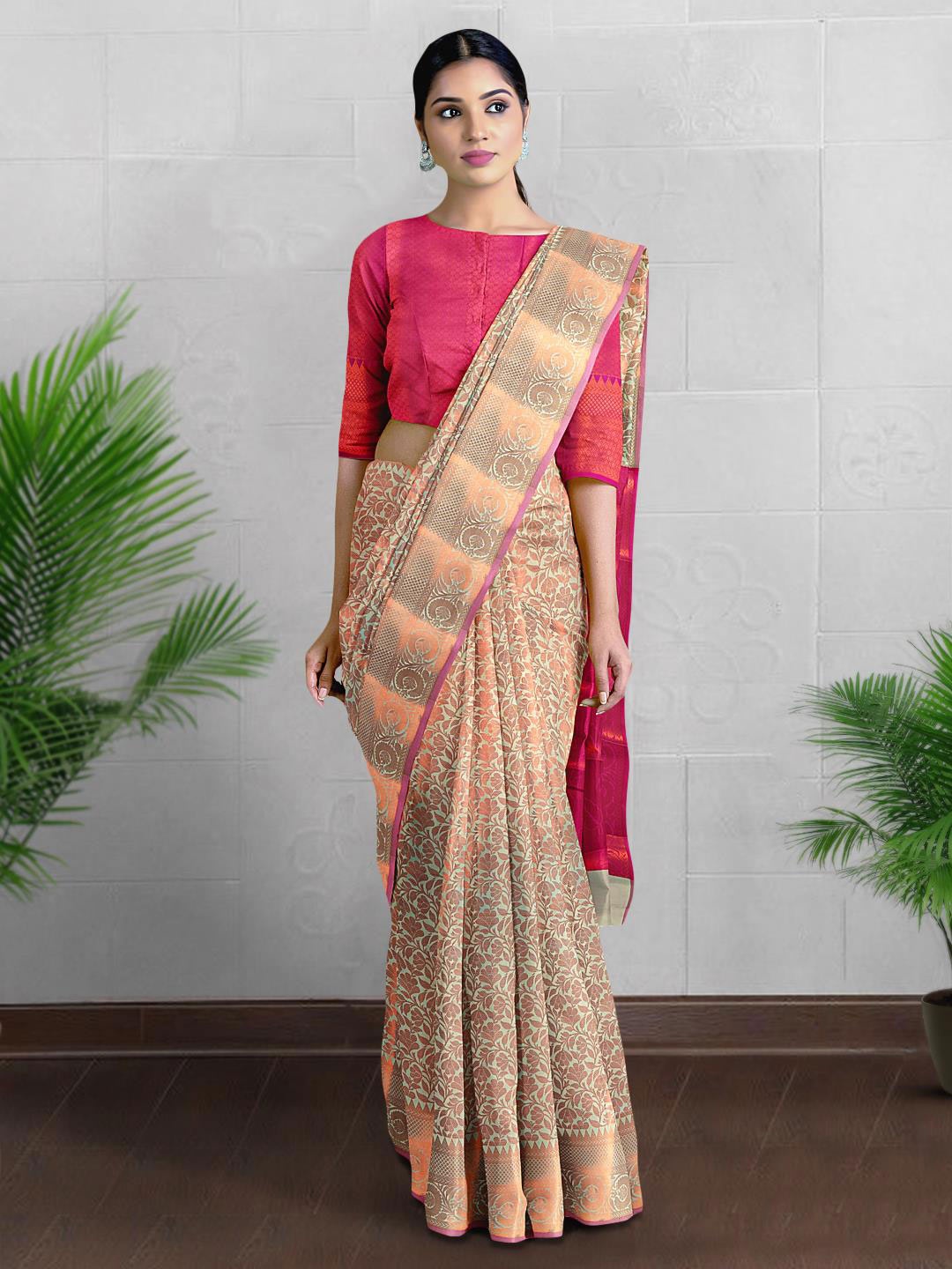 

Kalamandir Floral Woven Design Zari Silk Blend Saree, Cream