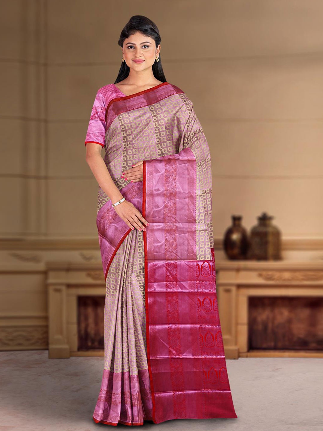 

Kalamandir Ethnic Motifs Woven Design Zari Saree, Pink