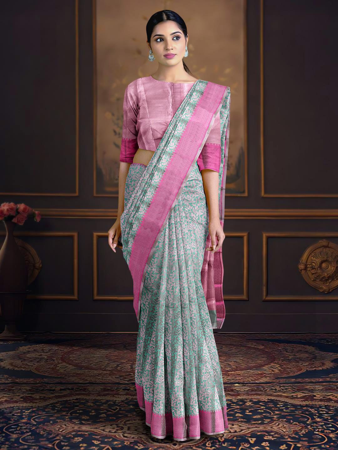 

Kalamandir Floral Printed Zari Saree, Grey