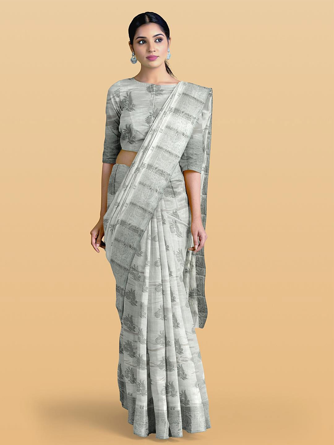 

Kalamandir Floral Woven Tussar Saree With Blouse Piece, Grey