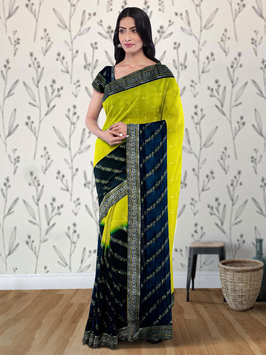 

Kalamandir Striped Poly Georgette Saree, Lime green