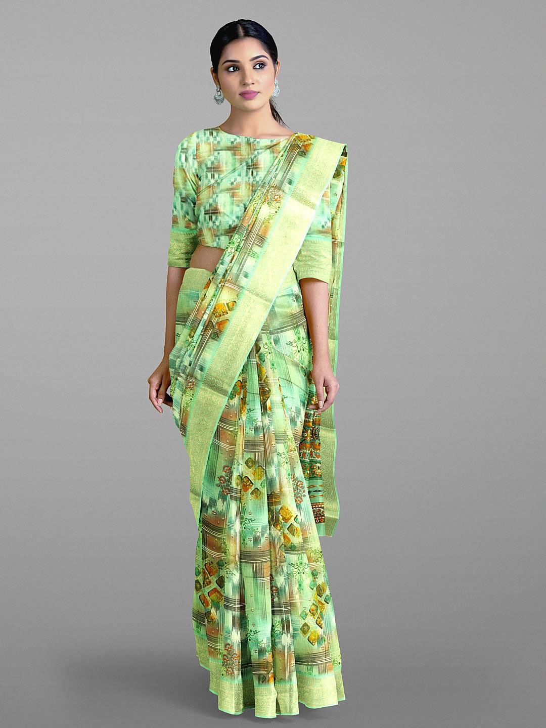 

Kalamandir Floral Printed Zari Tissue Saree, Sea green