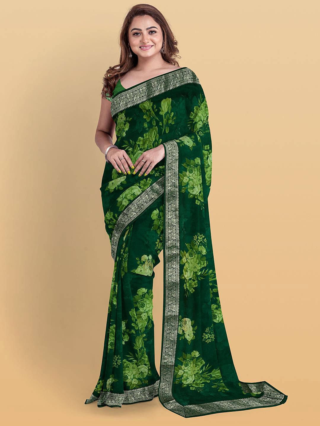 

Kalamandir Floral Printed Zari Poly Georgette Saree, Green