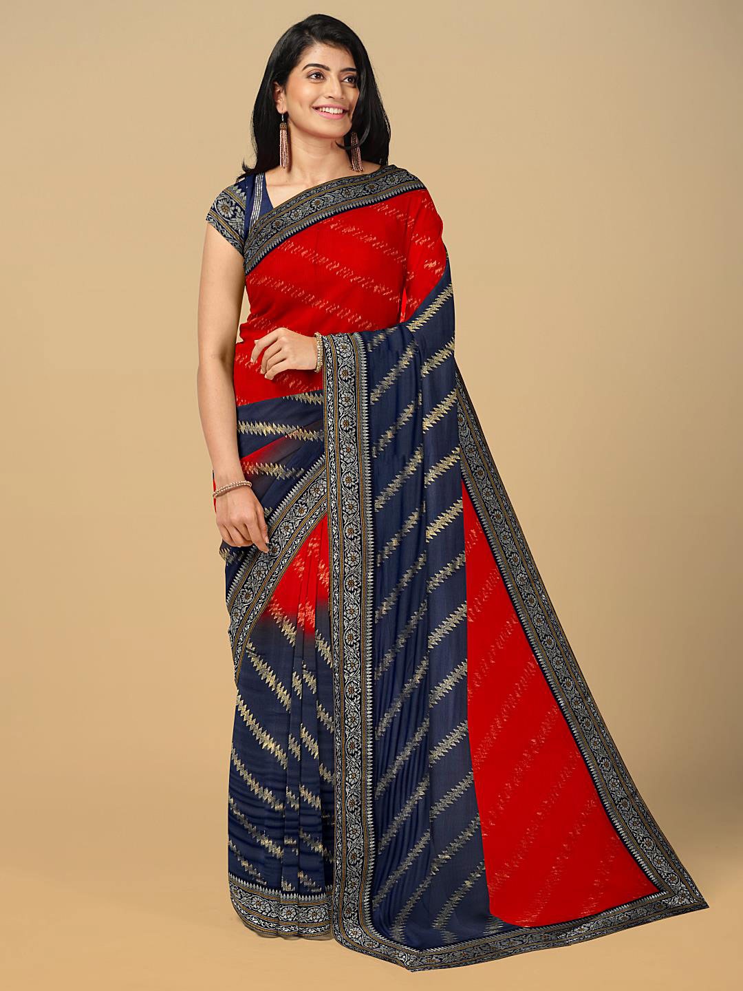 

Kalamandir Striped Poly Georgette Saree, Red