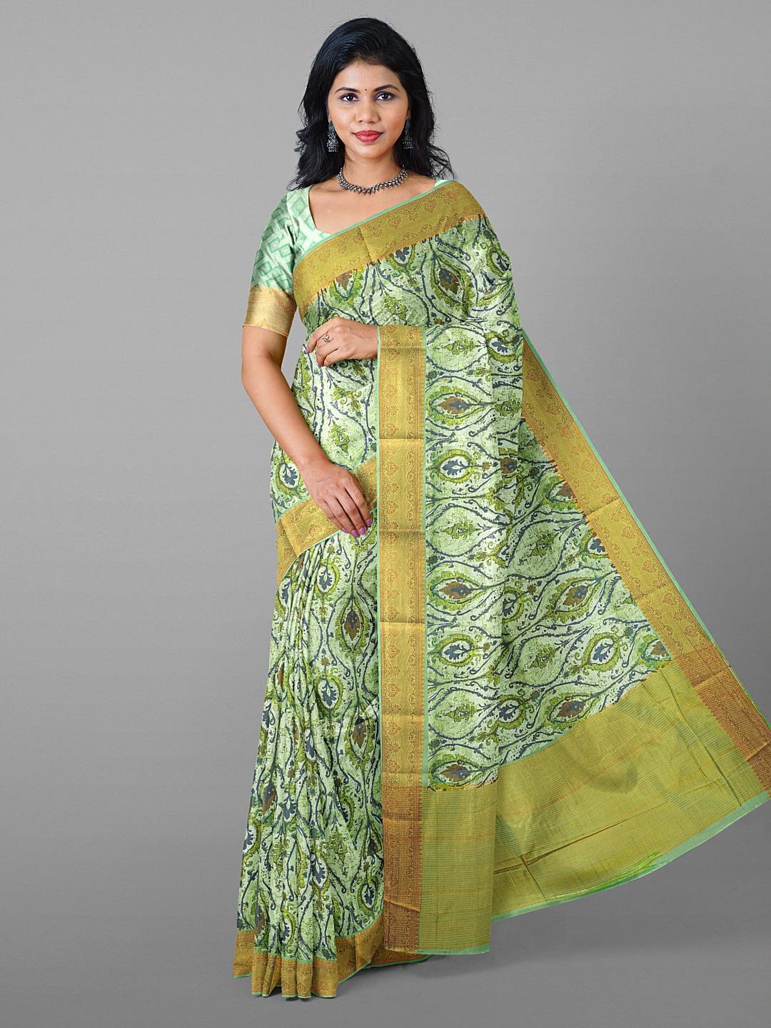 

Kalamandir Abstract Silk Blend Zari Saree With Blouse Piece, Olive