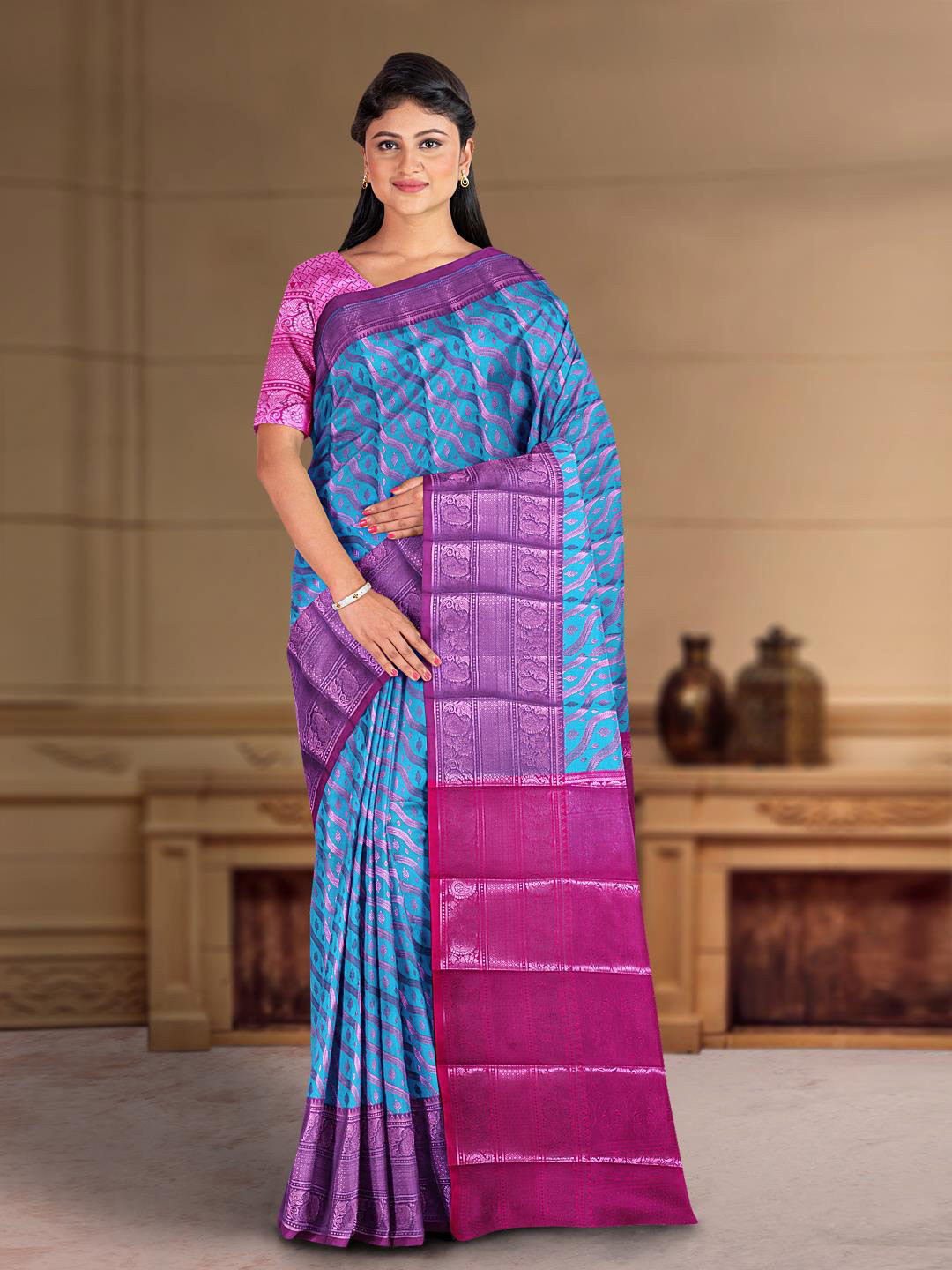 

Kalamandir Ethnic Motif Silk Blend Zari Saree With Blouse Piece, Blue