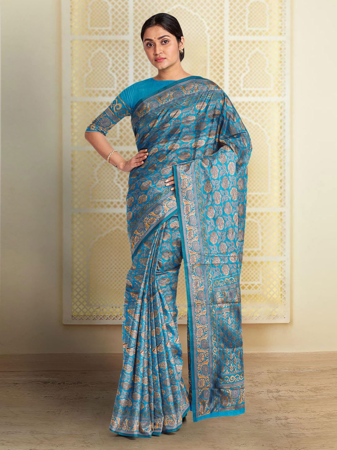 

Kalamandir Floral Woven Design Zari Silk Blend Saree, Blue
