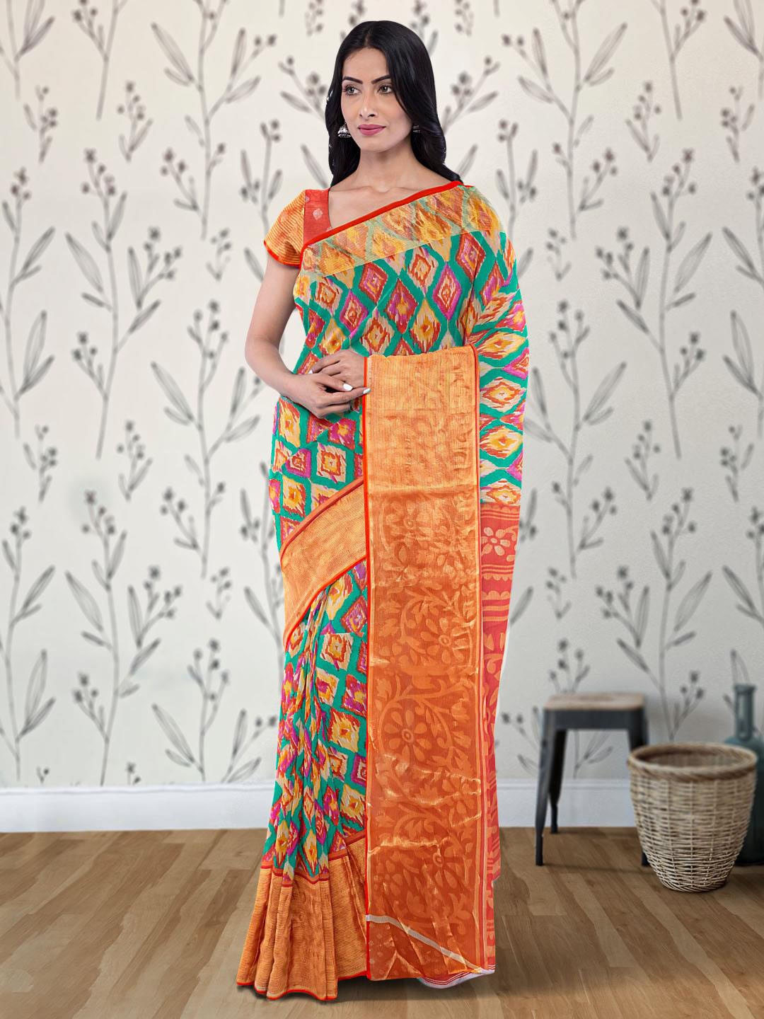 

Kalamandir Geometric Printed Saree, Turquoise blue