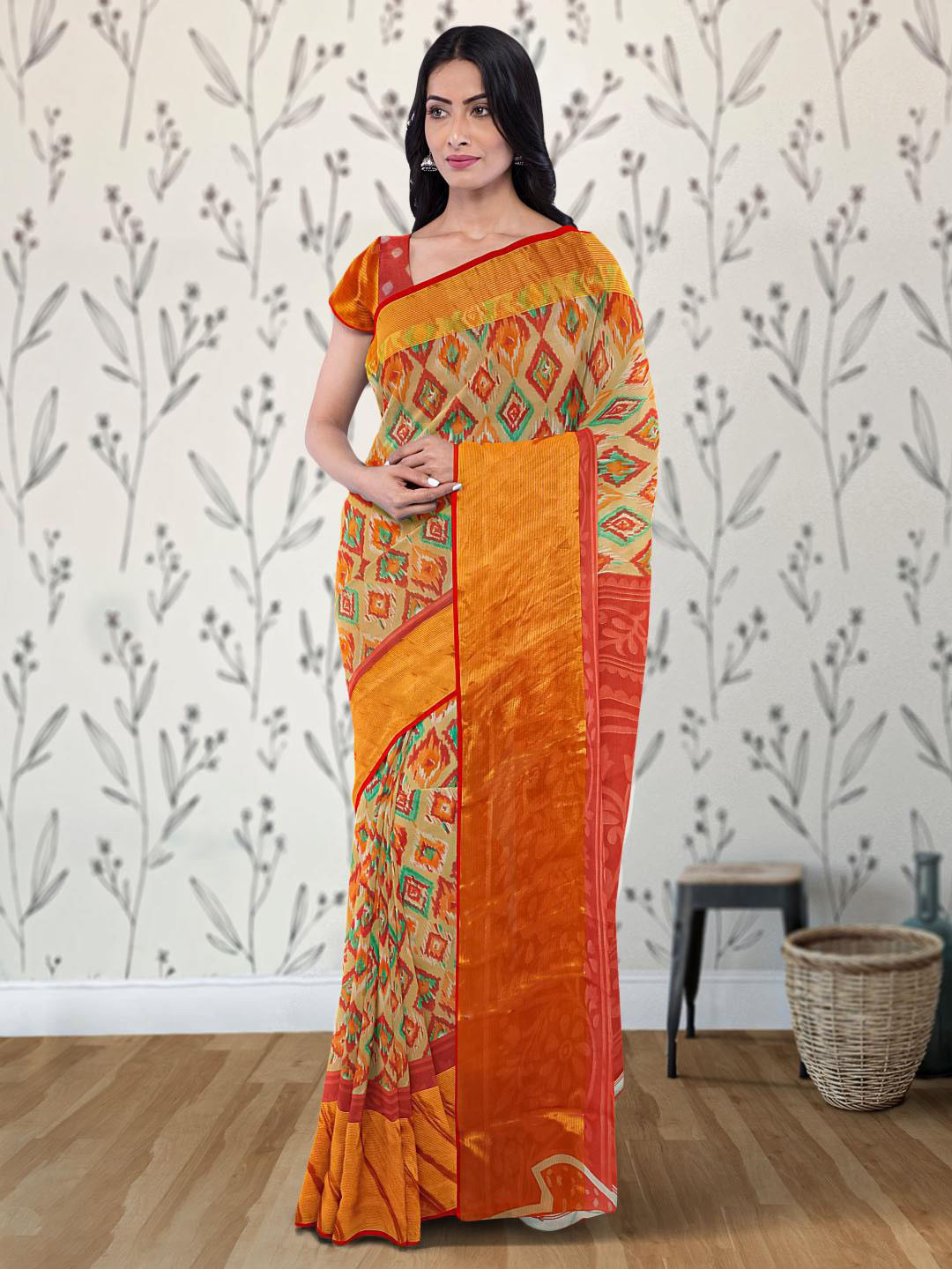 

Kalamandir Geometric Printed Zari Saree, Beige