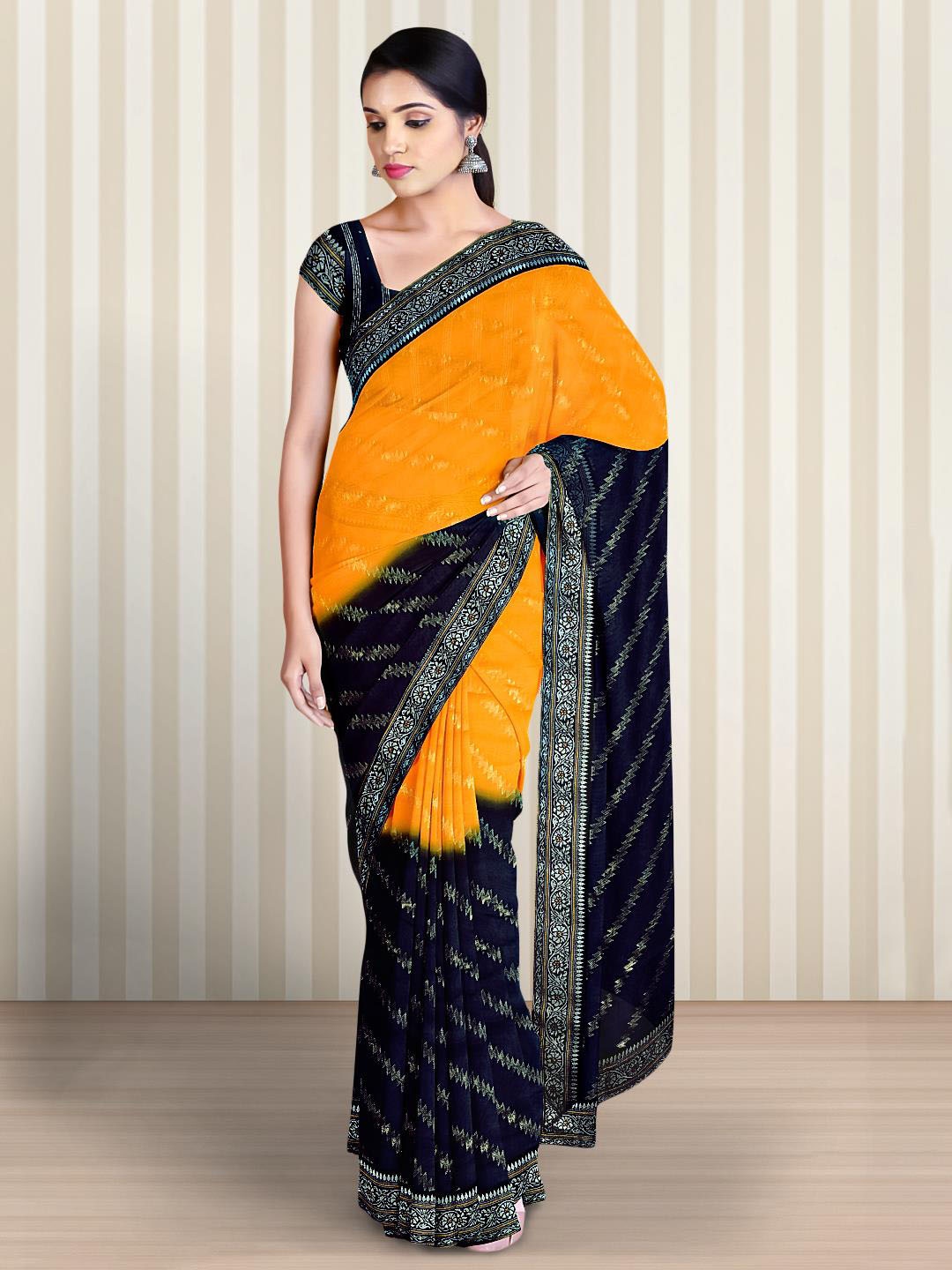 

Kalamandir Striped Poly Georgette Saree With Blouse Piece, Mustard