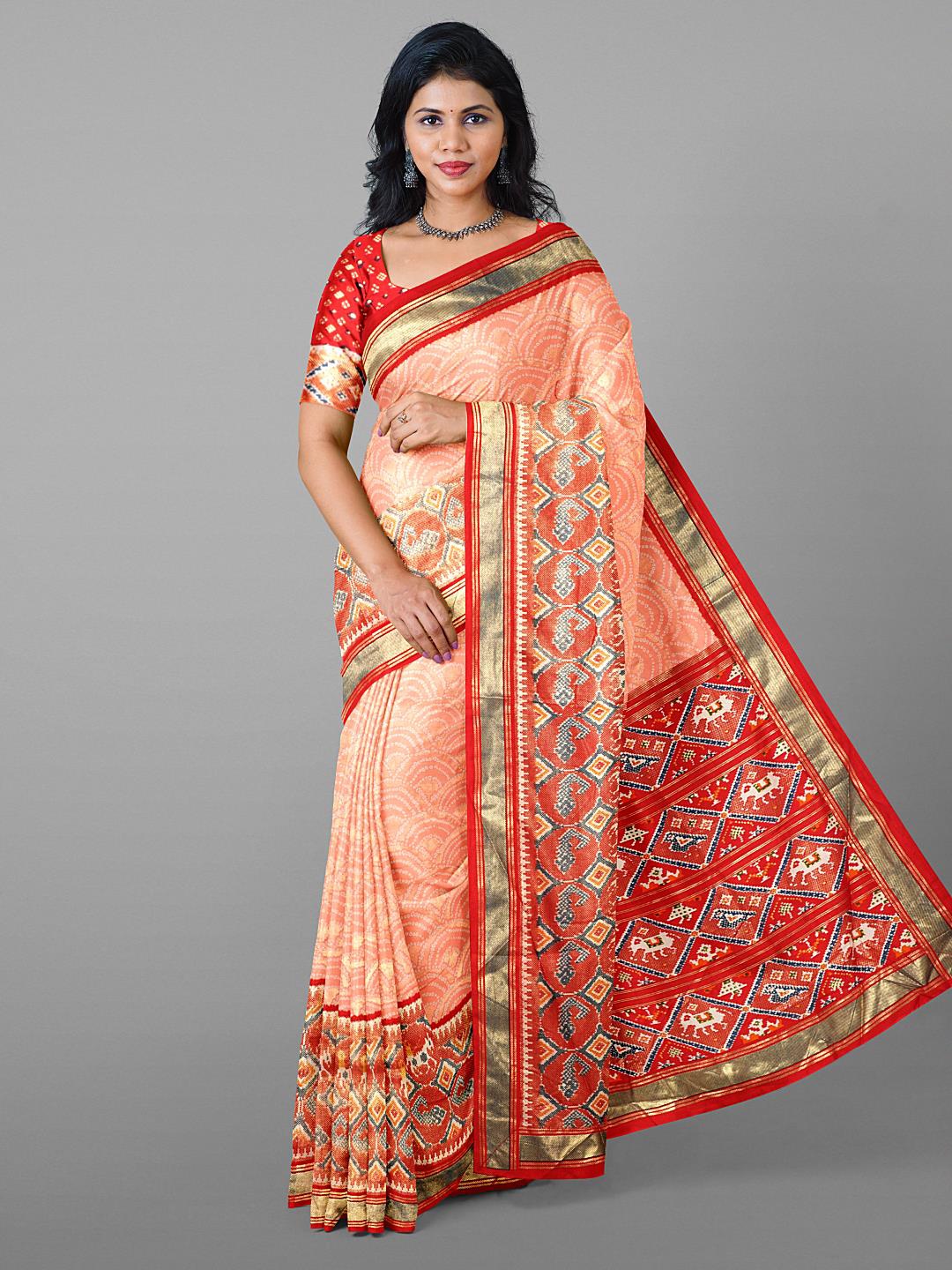 

Kalamandir Bandhani Printed Zari Saree, Peach