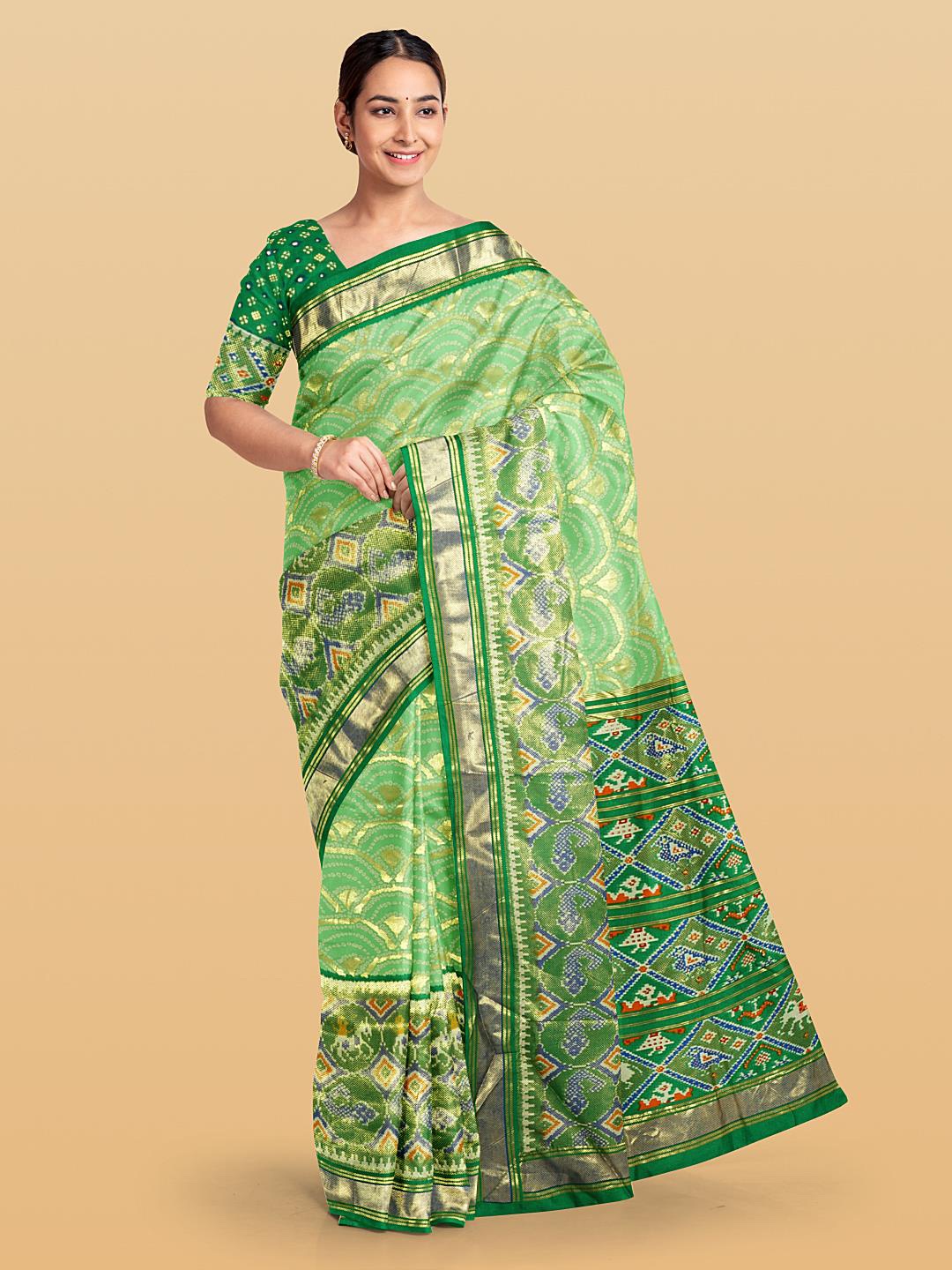 

Kalamandir Ethnic Motifs Printed Zari Silk Blend Saree, Lime green