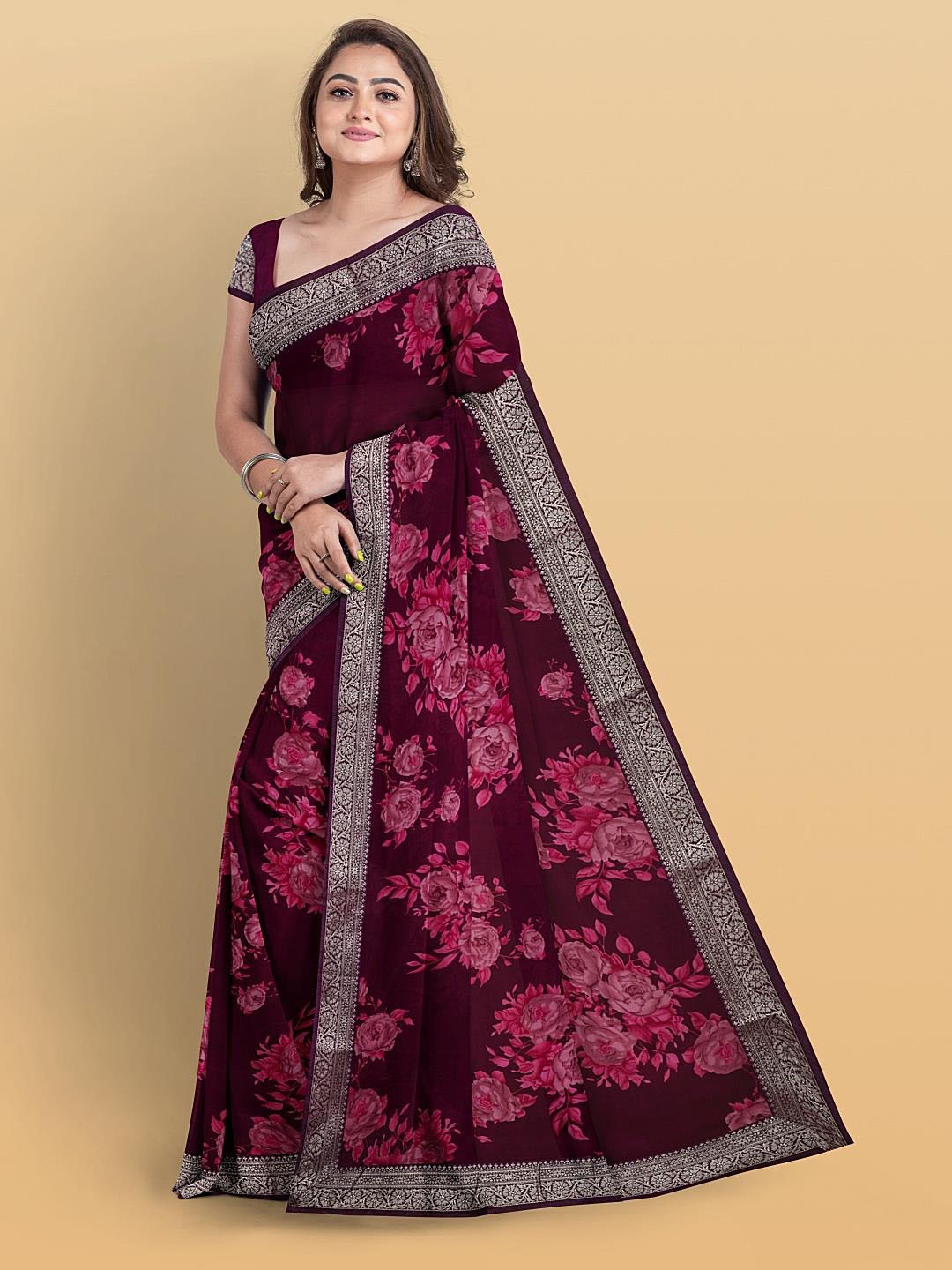 

Kalamandir Floral Printed Zari Saree, Purple