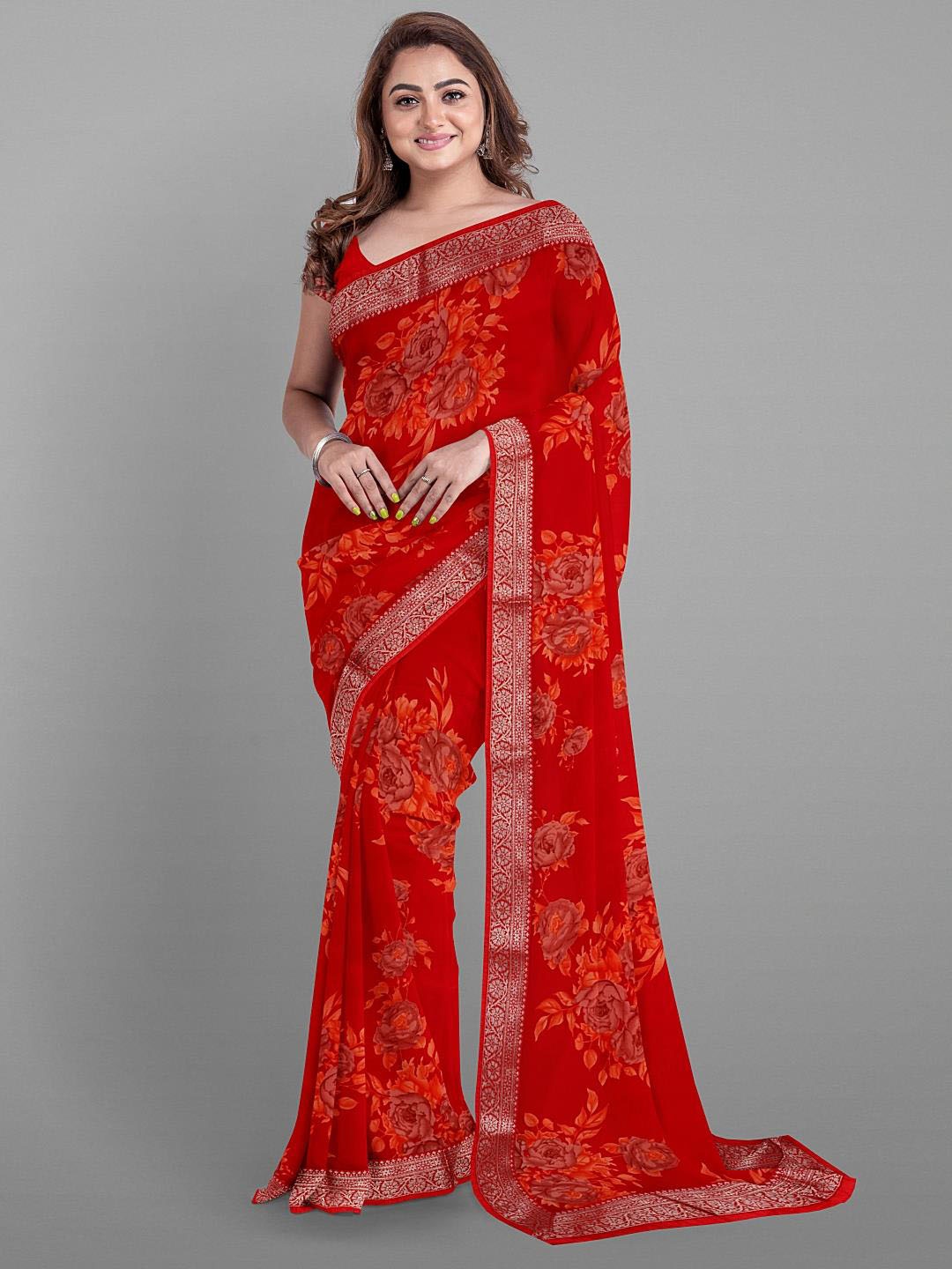 

Kalamandir Floral Printed Zari Saree, Red
