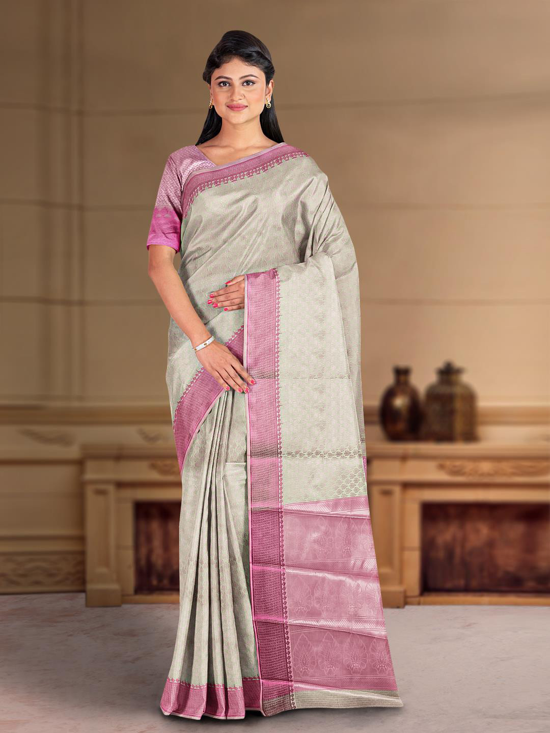 

Kalamandir Ethnic Woven Design Zari Saree, Lime green