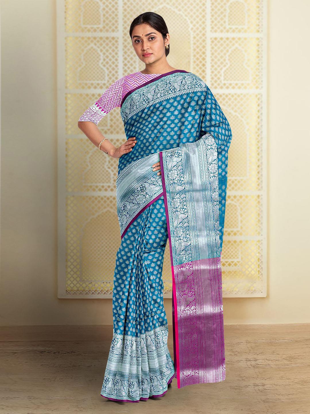 

Kalamandir Ethnic Motif Silk Blend Zari Saree With Blouse Piece, Blue